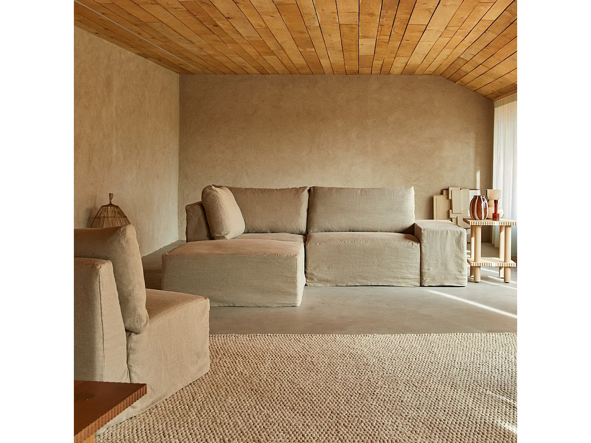 Canapé d’angle modulable en lin naturel avec méridienne Nils, 2 places
