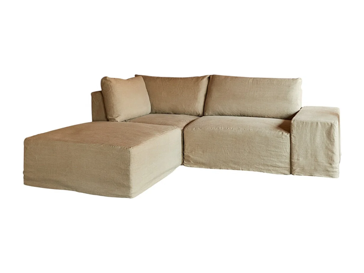Canapé d’angle modulable en lin naturel avec méridienne Nils, 2 places