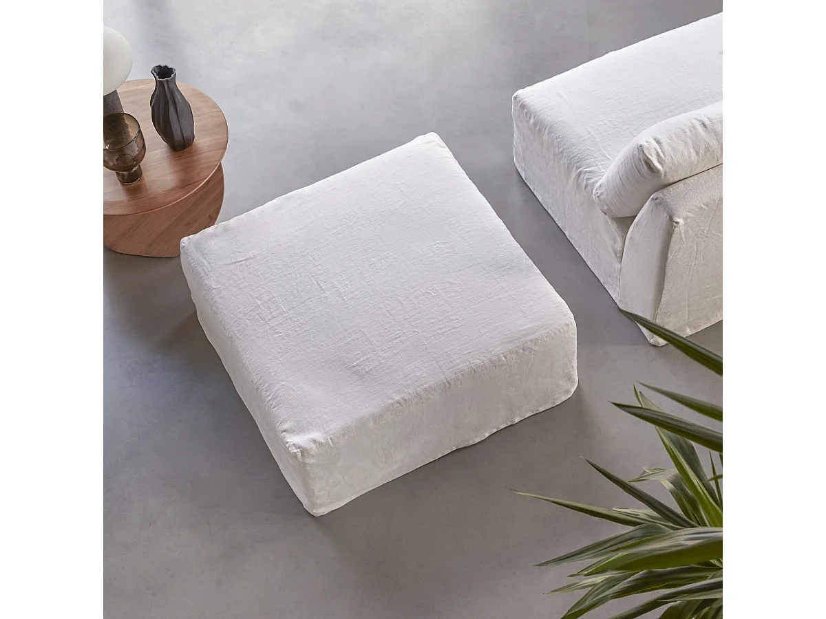 Fußhocker Nils aus weißem Leinen, 1-Sitzer