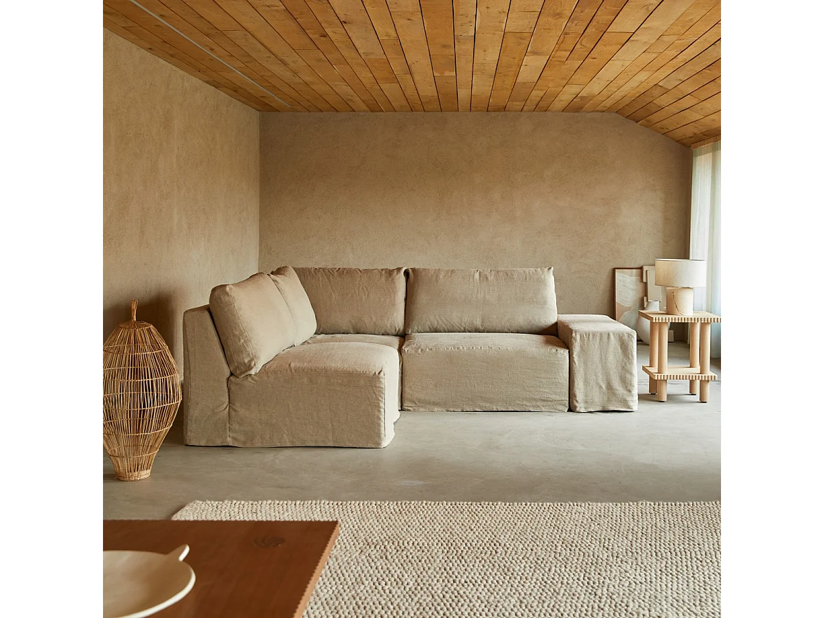Canapé d’angle modulable en lin naturel, 3 Places