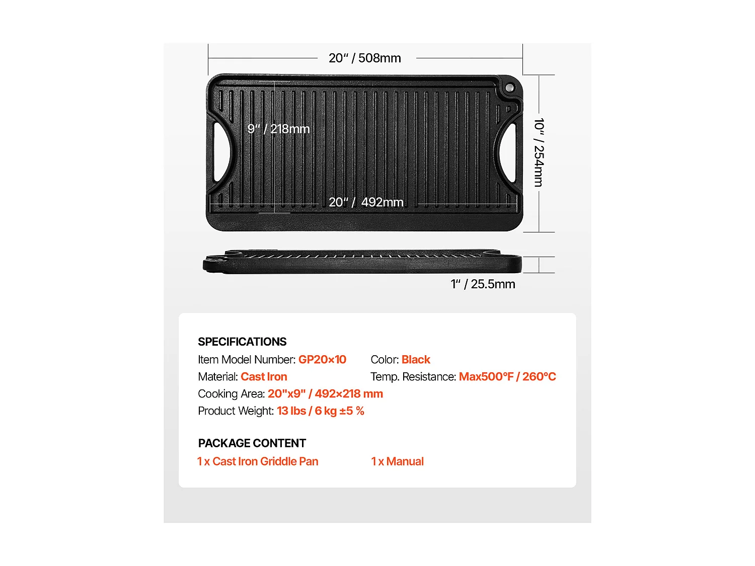 Plaque de Gril, SucceBuy Plaque de Cuisson Réversible en Fonte, Pré-Assaisonnée, 492 × 218 mm