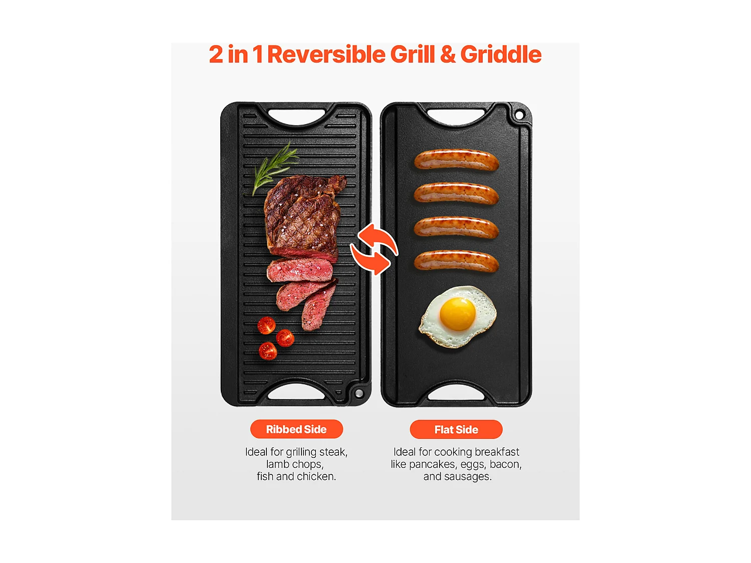 Plaque de Gril, SucceBuy Plaque de Cuisson Réversible en Fonte, Pré-Assaisonnée, 492 × 218 mm