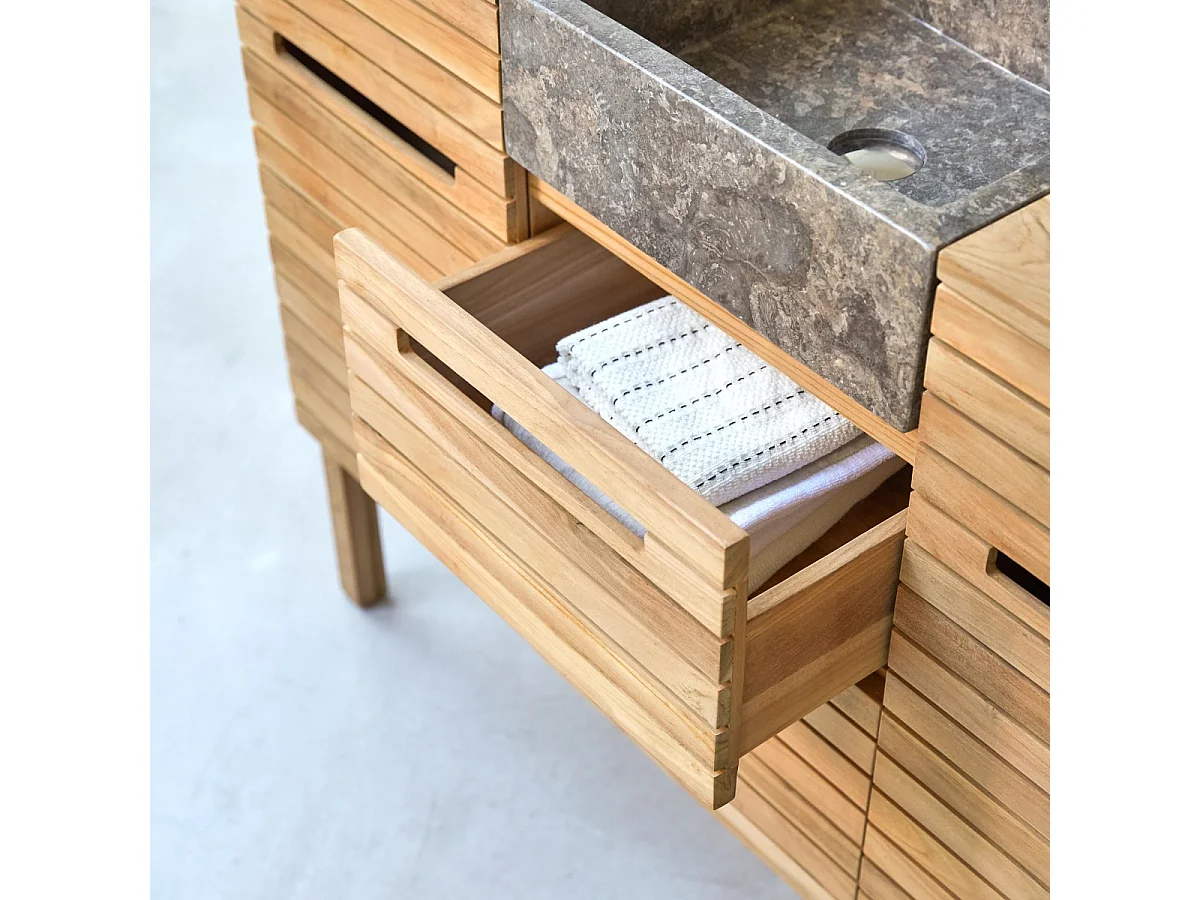 Waschtisch aus Teakholz mit Marmor Waschbecken 125 Slats