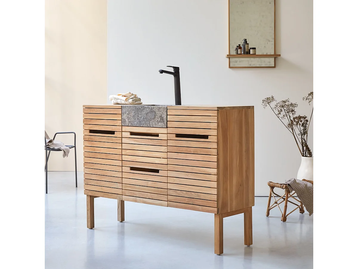 Waschtisch aus Teakholz mit Marmor Waschbecken 125 Slats