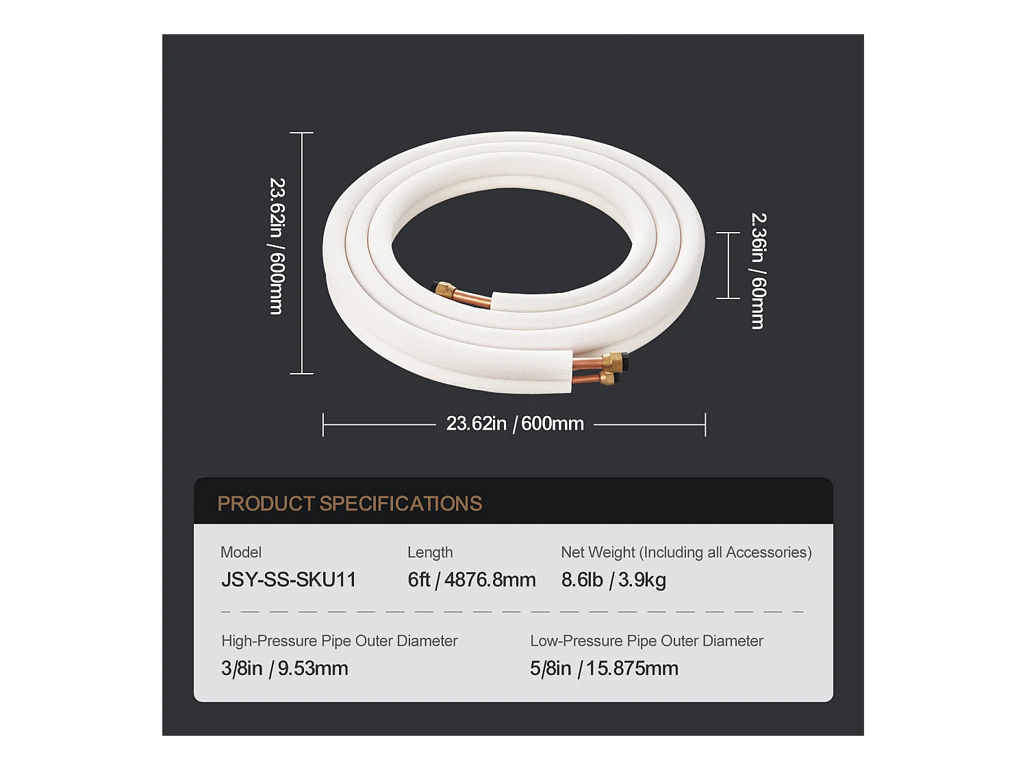 Tube Climatiseur Liaison frigorifique 9,5 x 15,9 x 4876,8 mm,  Tube en Cuivre pour AC avec Câble de Connexion