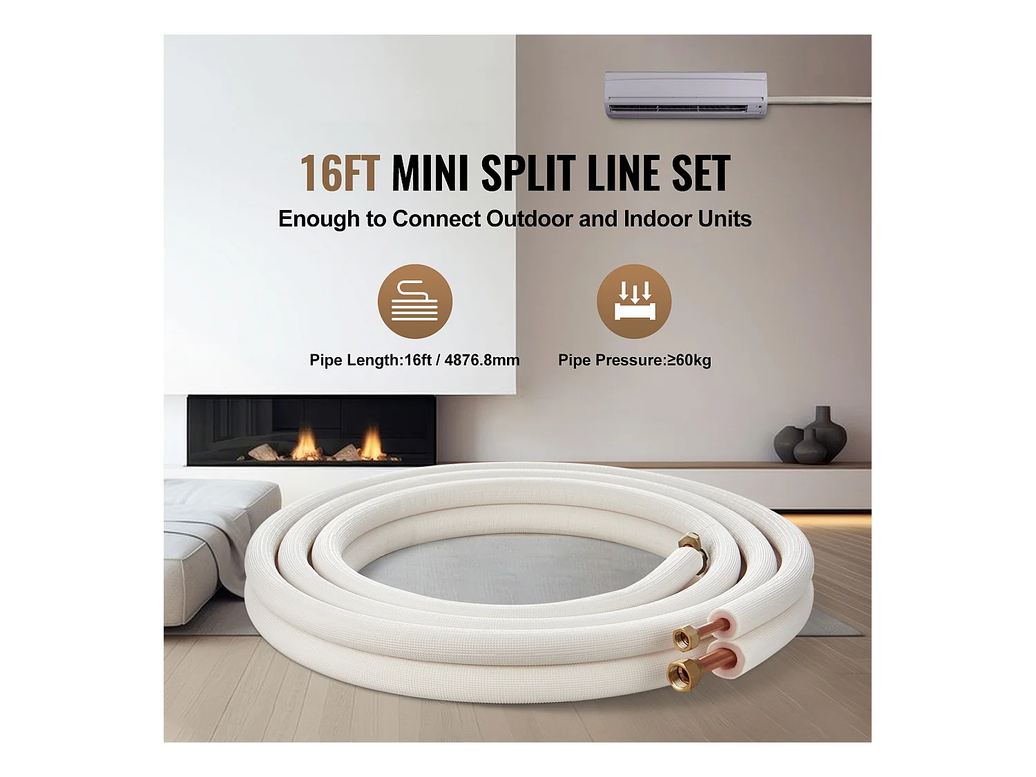 Tube Climatiseur Liaison frigorifique 9,5 x 15,9 x 4876,8 mm,  Tube en Cuivre pour AC avec Câble de Connexion