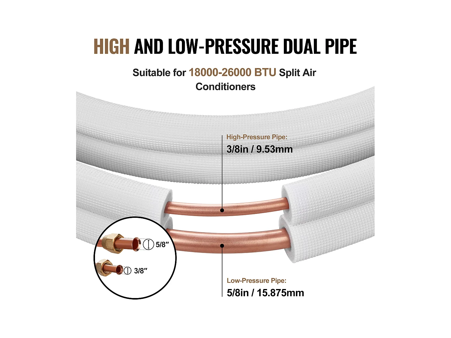 Tube Climatiseur Liaison frigorifique 9,5 x 15,9 x 4876,8 mm,  Tube en Cuivre pour AC avec Câble de Connexion
