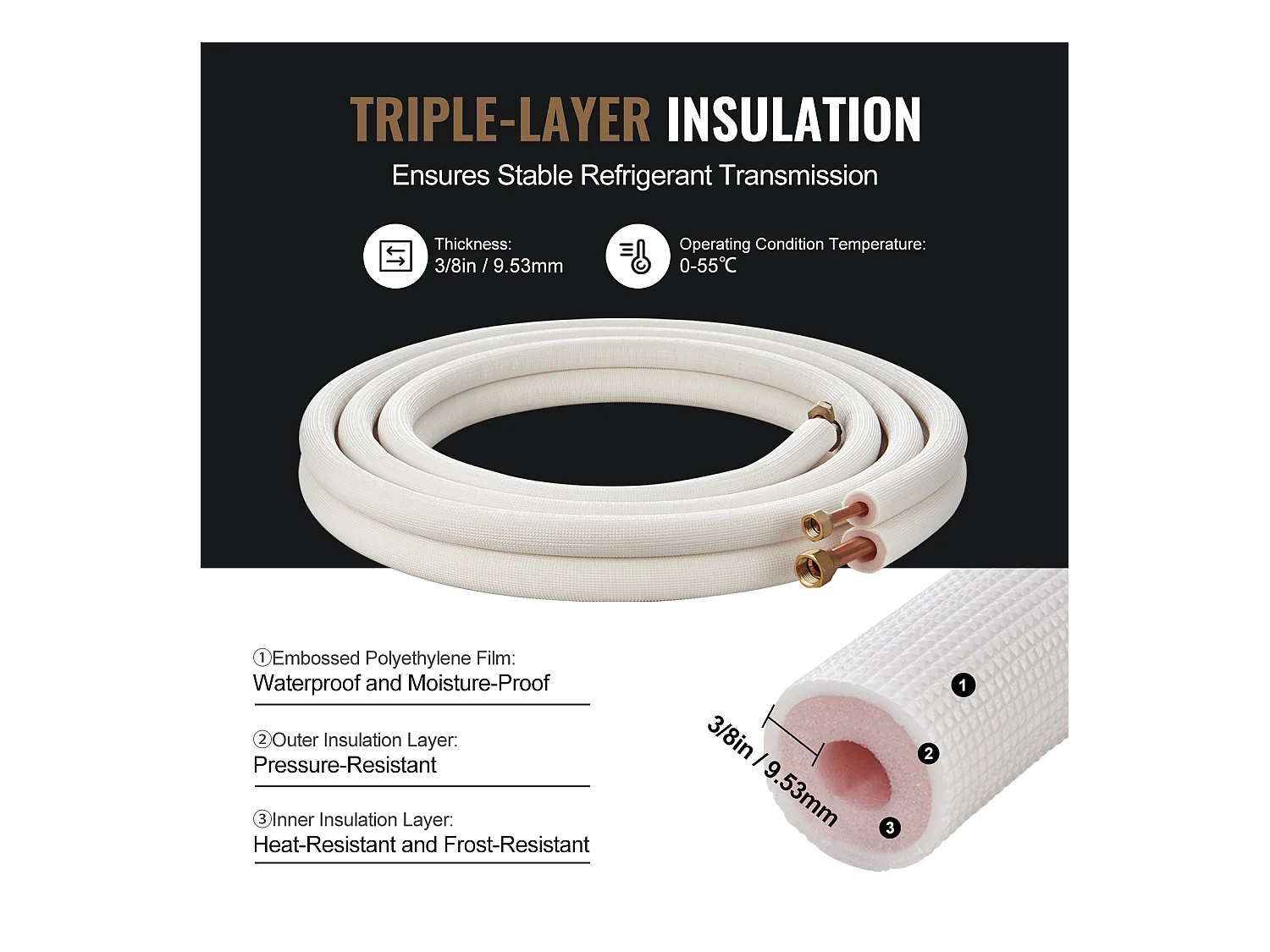 Tube Climatiseur Liaison frigorifique 9,5 x 15,9 x 4876,8 mm,  Tube en Cuivre pour AC avec Câble de Connexion