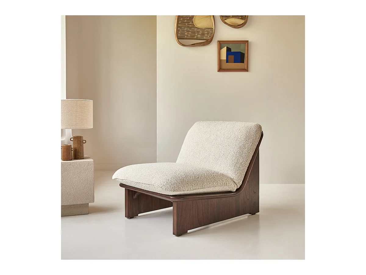 Sessel Folk aus massivem Mindiholz und ecrufarbenem Stoff ,1-Sitz