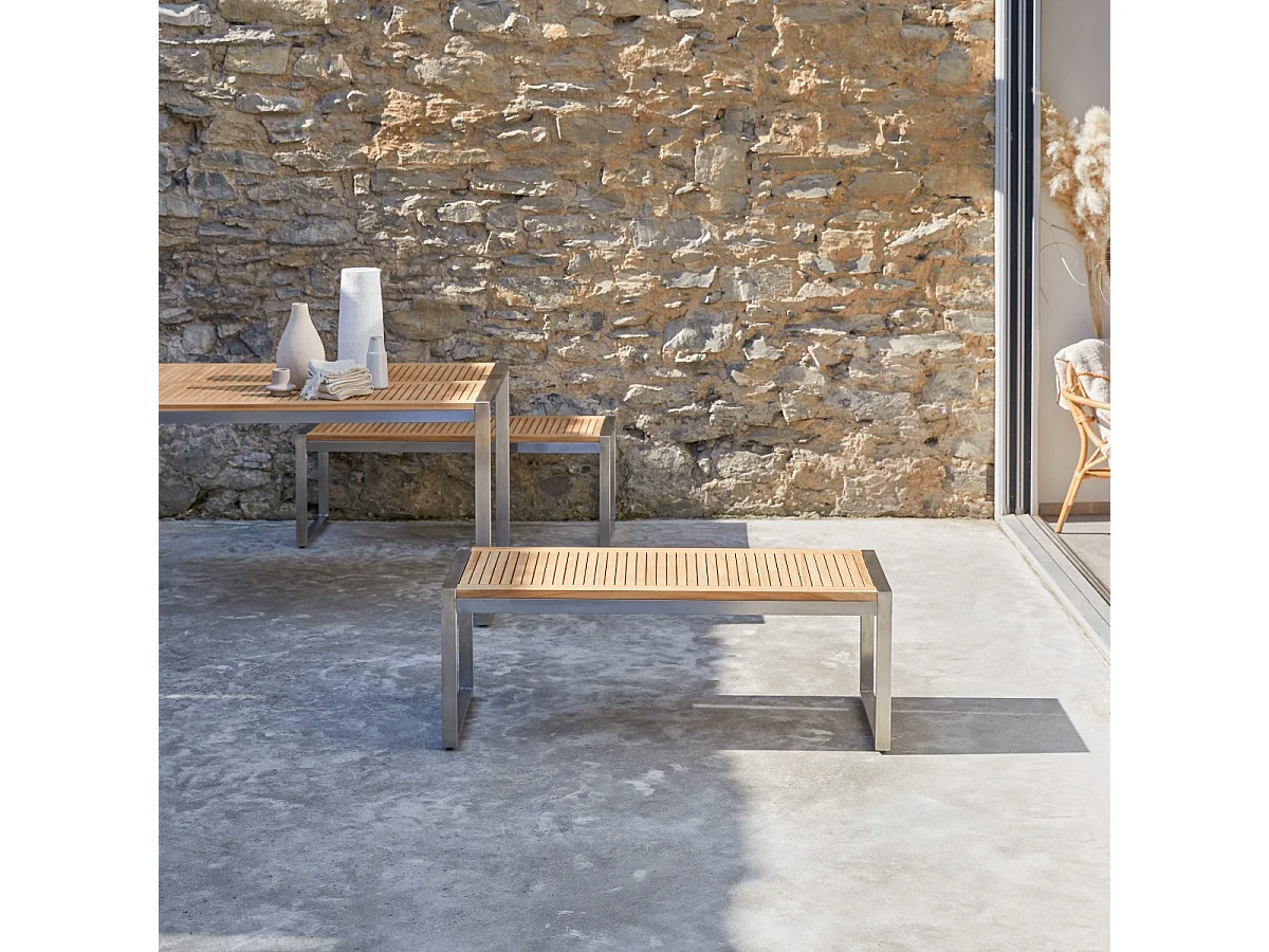 Gartenbank Bank Teak Edelstahl Lattenoptik Massivholz Tikamoon