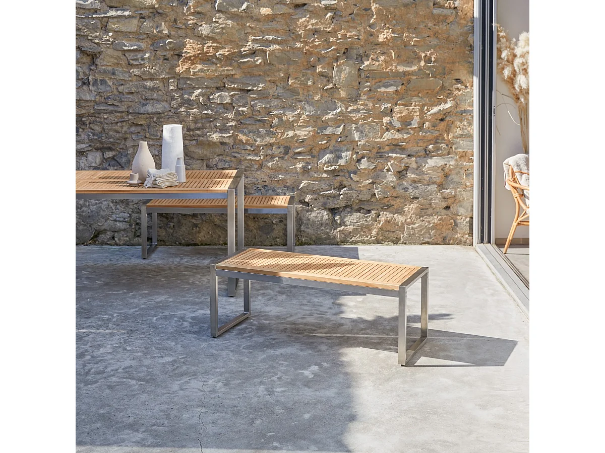 Gartenbank Bank Teak Edelstahl Lattenoptik Massivholz Tikamoon