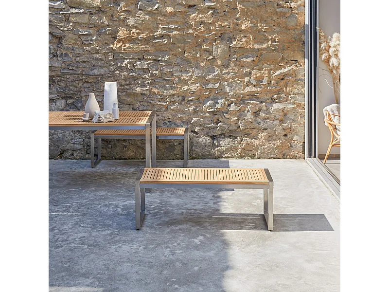 Gartenbank Bank Teak Edelstahl Lattenoptik Massivholz Tikamoon