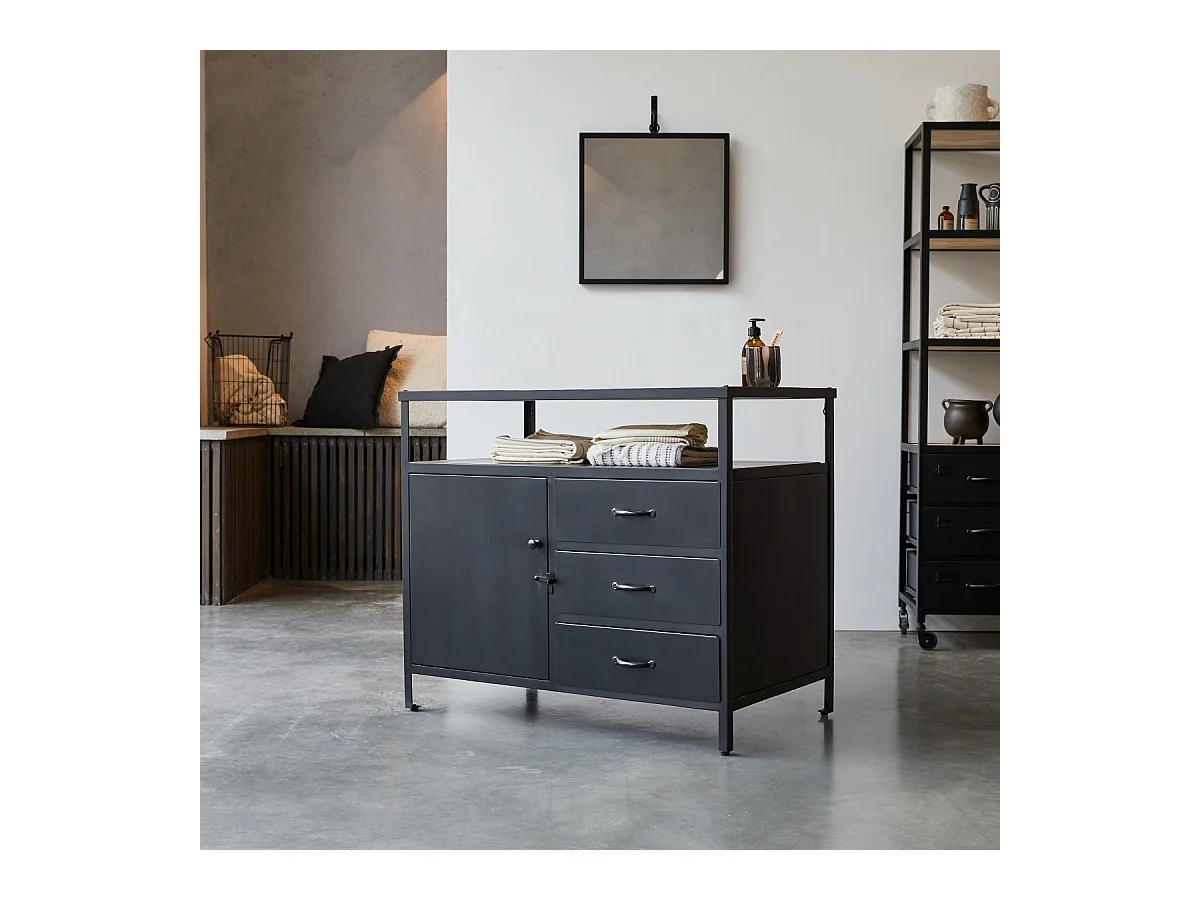 Aufbewahrungsmöbel Industriel aus Metall und Mangoholz, 95 cm