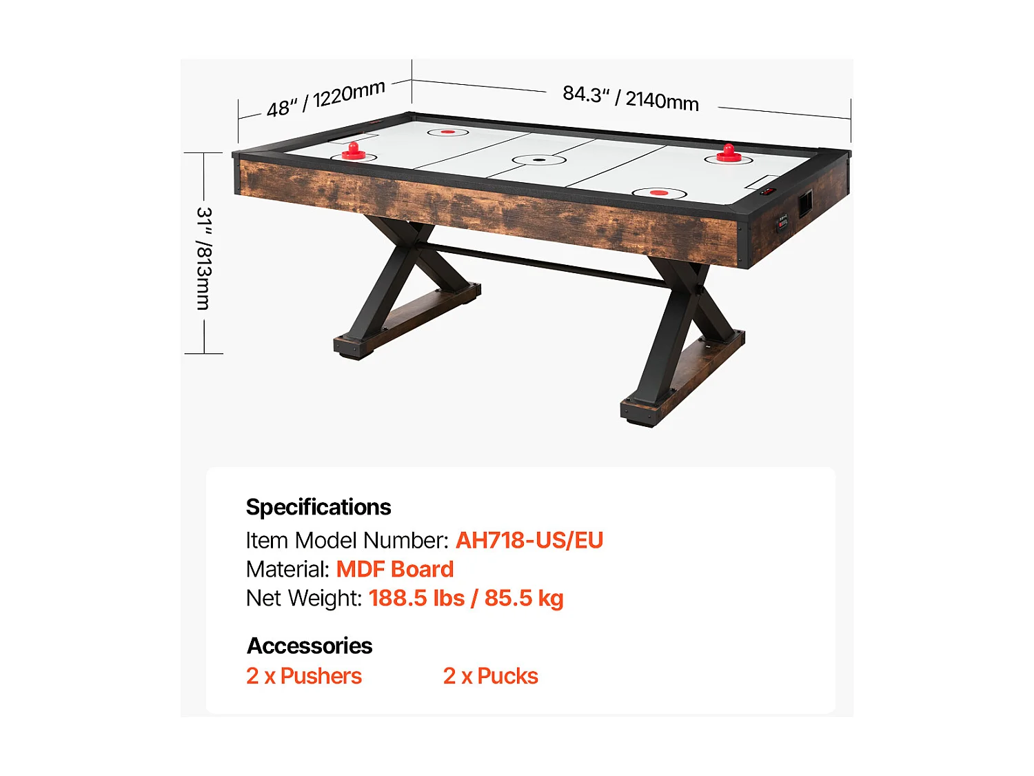 Airhockeytafel, SucceBuy 214 cm Airhockeytafel met Elektronische Scorebord en Accessoires