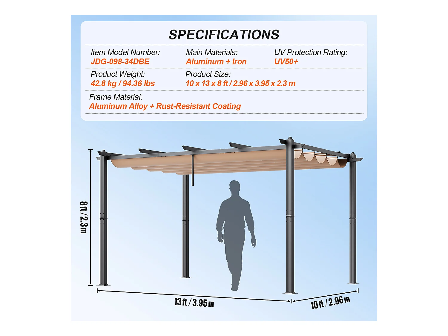 Pergola Rétractable Extérieure SucceBuy, 305 x 396 cm, en Aluminium Beige, pour Patio, Jardin