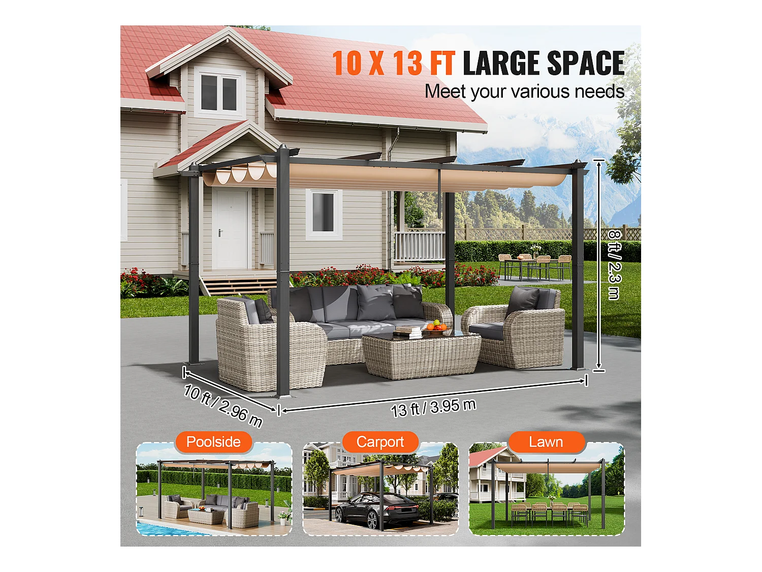 Pergola Rétractable Extérieure SucceBuy, 305 x 396 cm, en Aluminium Beige, pour Patio, Jardin