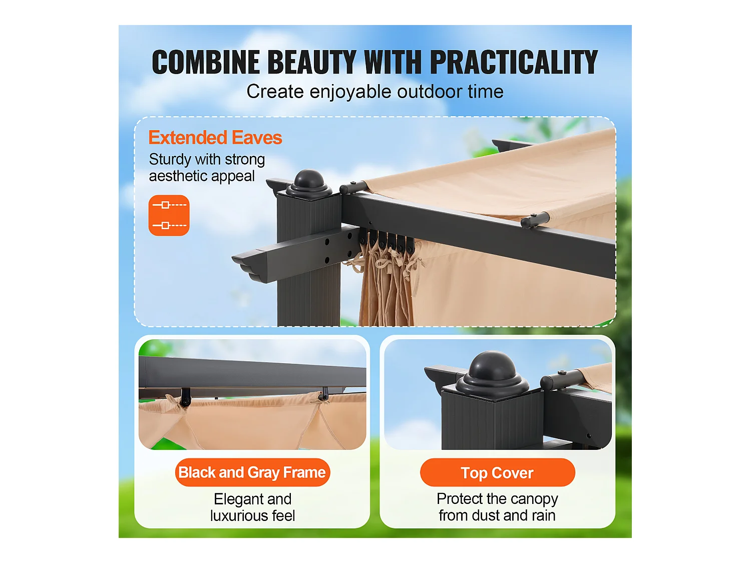 Pergola Rétractable Extérieure SucceBuy, 305 x 396 cm, en Aluminium Beige, pour Patio, Jardin