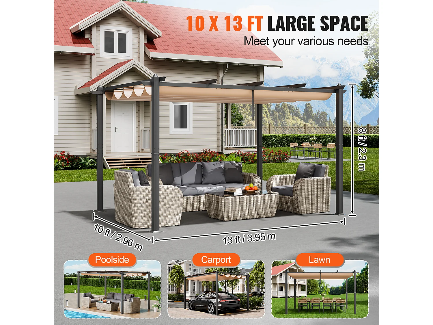 Pérgola Retractil Exterior SucceBuy, 305 x 396 cm, en Aluminio Beige, para Patio, Jardín