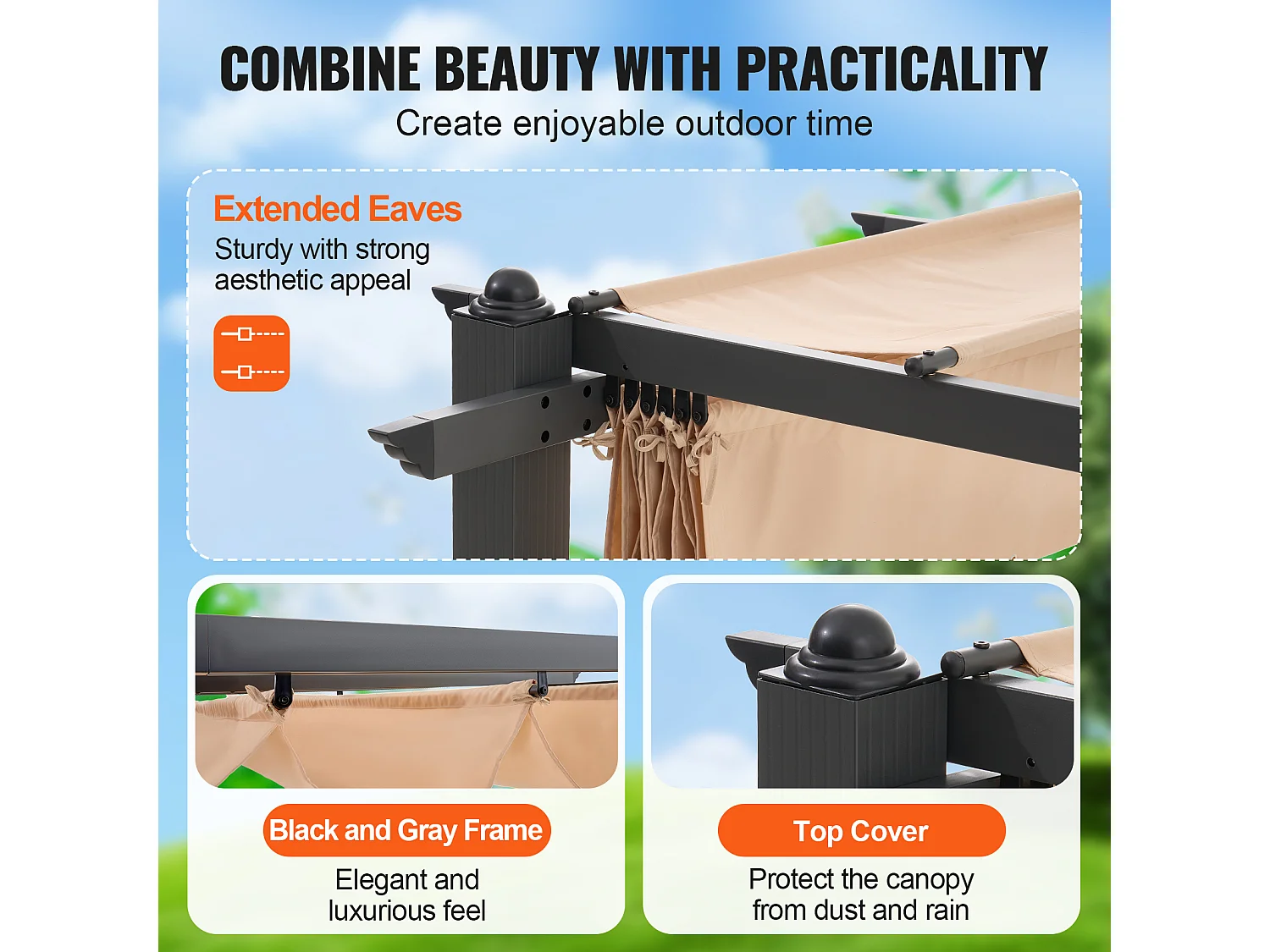 Pérgola Retractil Exterior SucceBuy, 305 x 396 cm, en Aluminio Beige, para Patio, Jardín