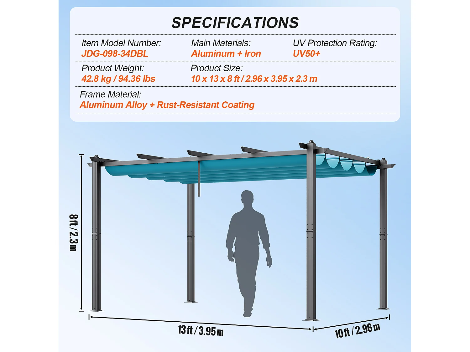 Pergola Rétractable Extérieure SucceBuy, 305 x 396 cm, Bule, en Aluminium, pour Patio, Jardin