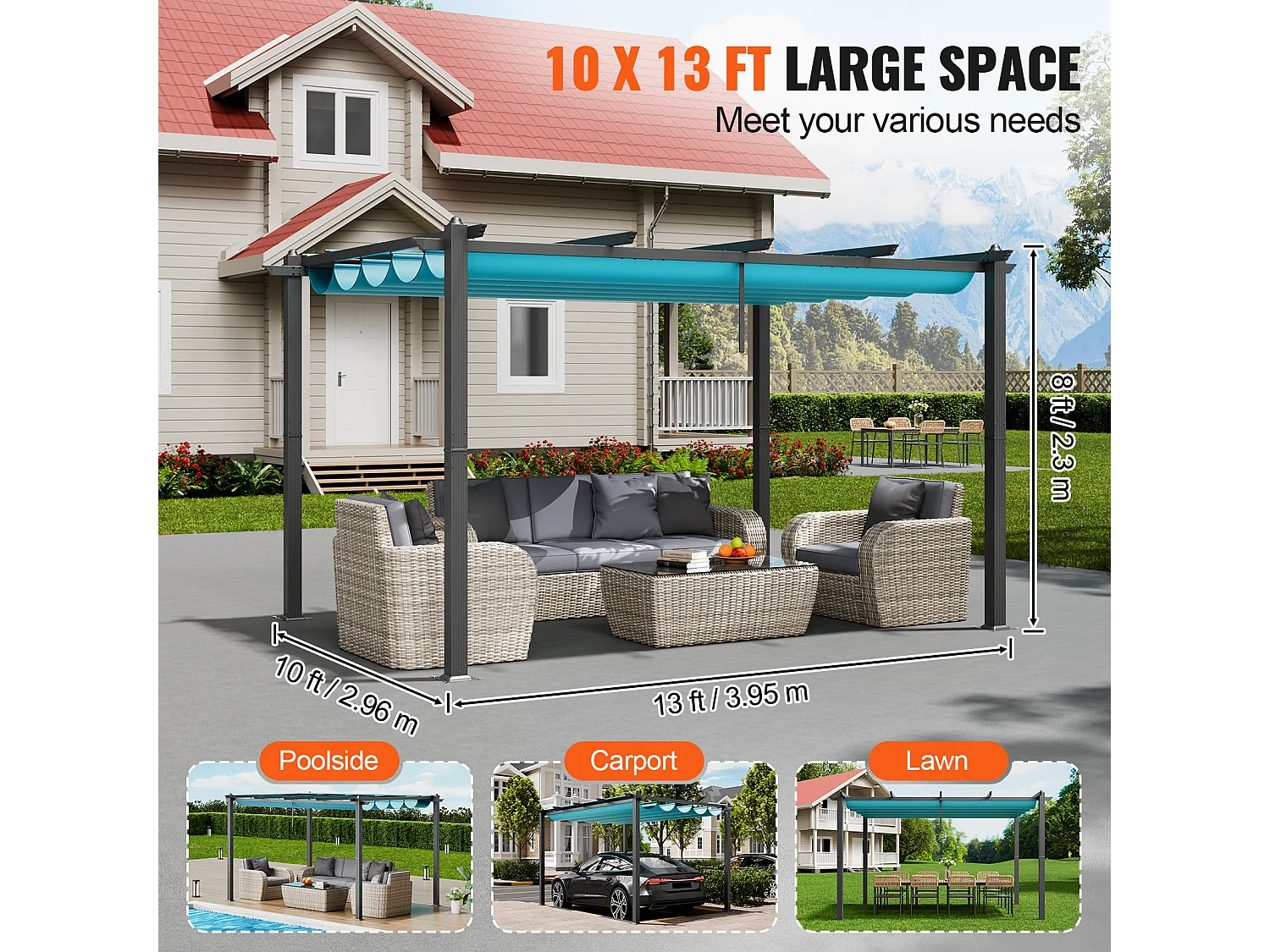 Pergola Rétractable Extérieure SucceBuy, 305 x 396 cm, Bule, en Aluminium, pour Patio, Jardin