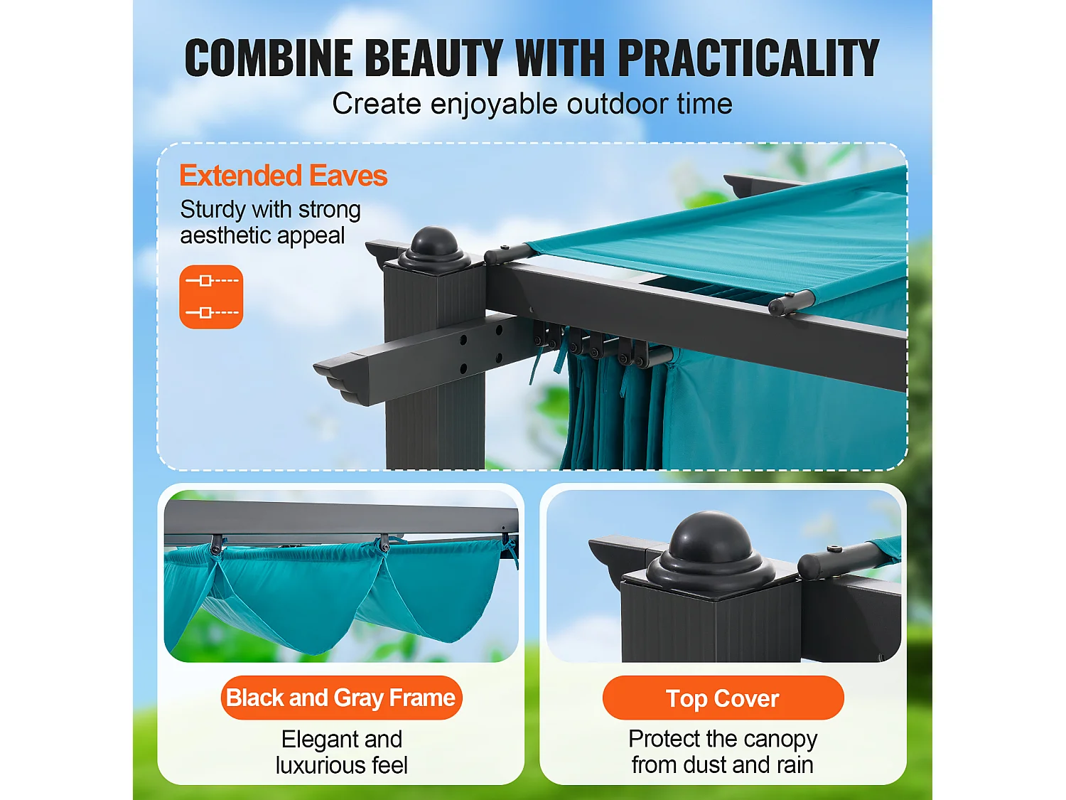 Pergola Rétractable Extérieure SucceBuy, 305 x 396 cm, Bule, en Aluminium, pour Patio, Jardin