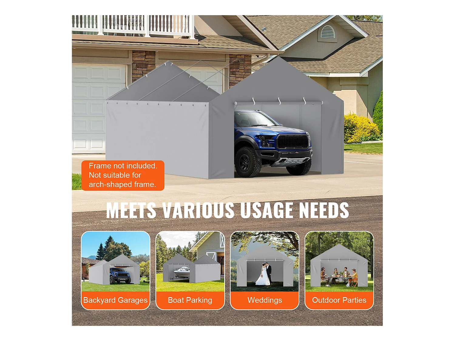 Toile D'Avent SucceBuy de Rechange pour Abri D'Auto / Carport,  396 x 610 cm, avec Paroi Latérale, Gris
