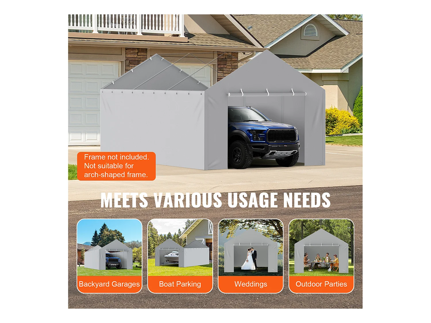 Toile D'Avent SucceBuy de Rechange pour Abri D'Auto/Carport, 366 x 610 cm, avec Paroi Latérale, Gris