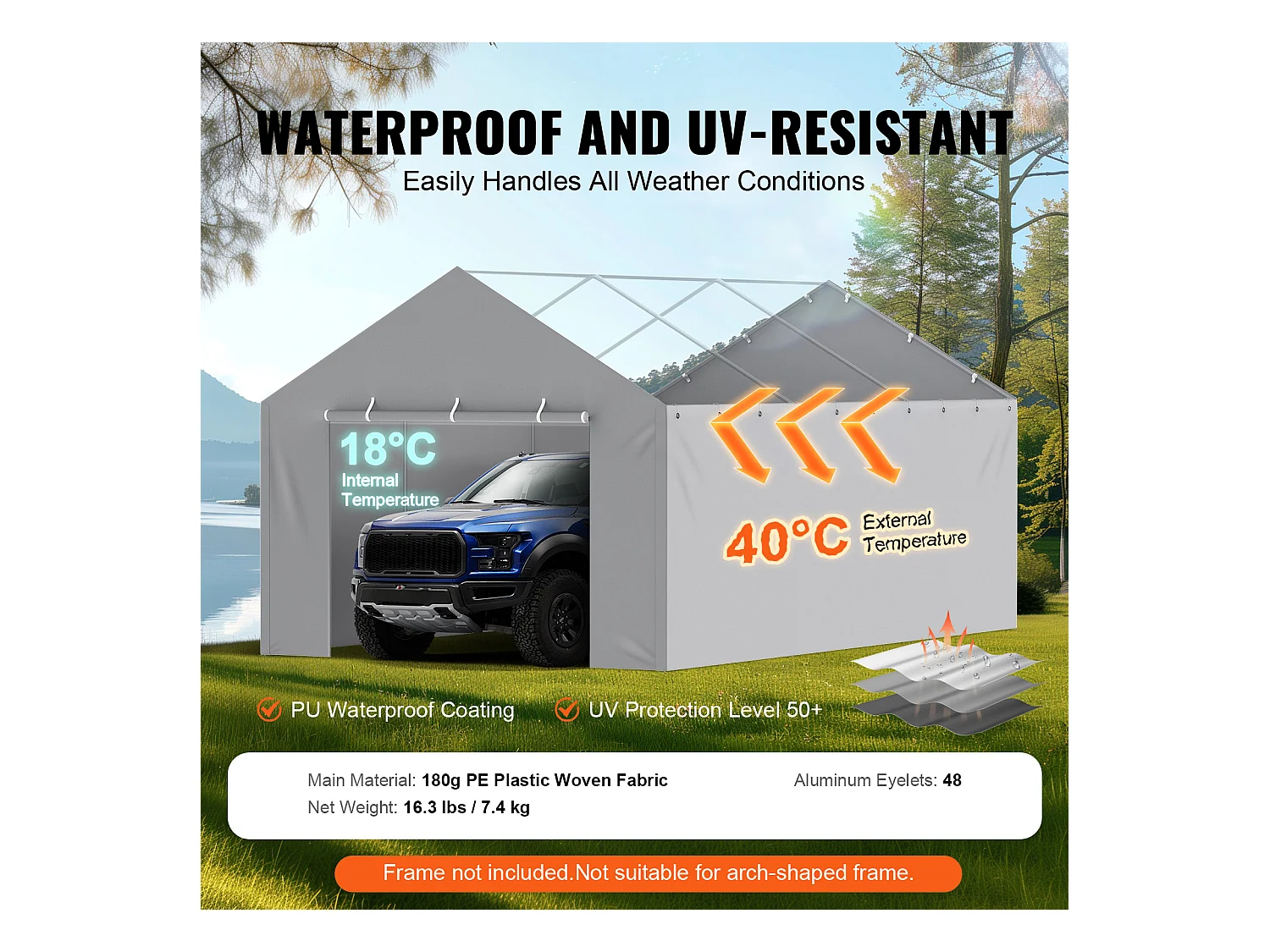 Toile D'Avent SucceBuy de Rechange pour Abri D'Auto/Carport, 366 x 610 cm, avec Paroi Latérale, Gris