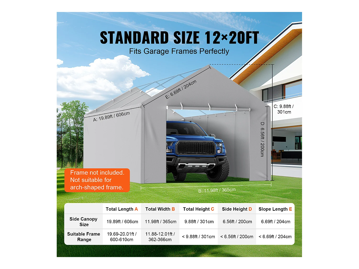 Toile D'Avent SucceBuy de Rechange pour Abri D'Auto/Carport, 366 x 610 cm, avec Paroi Latérale, Gris