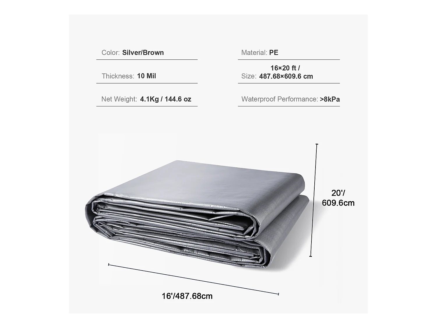 Bâche Imperméable  SucceBuy, 488 x 610 cm, 0,03 cm Revêtement en Polyéthylène Résistant aux UV