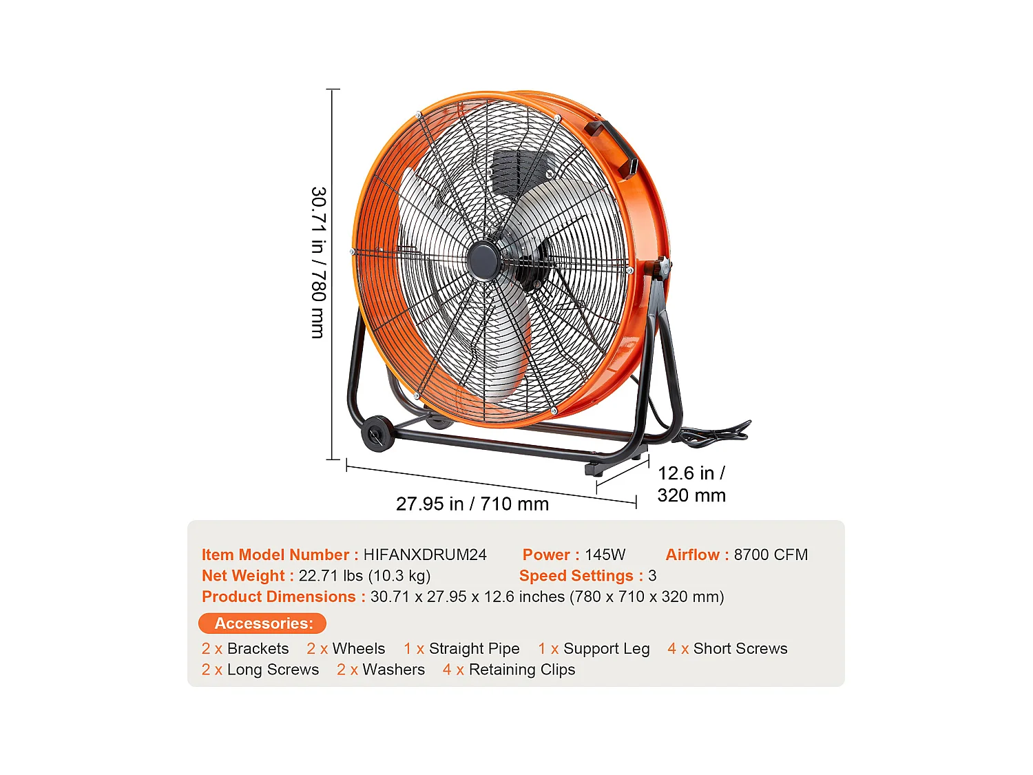 Ventilateur SucceBuy à Tambour Industriel de 61 cm avec Minuterie Pratique et 3 Vitesses Réglables - Parfait pour les Grands Espaces comme les Entrepôts