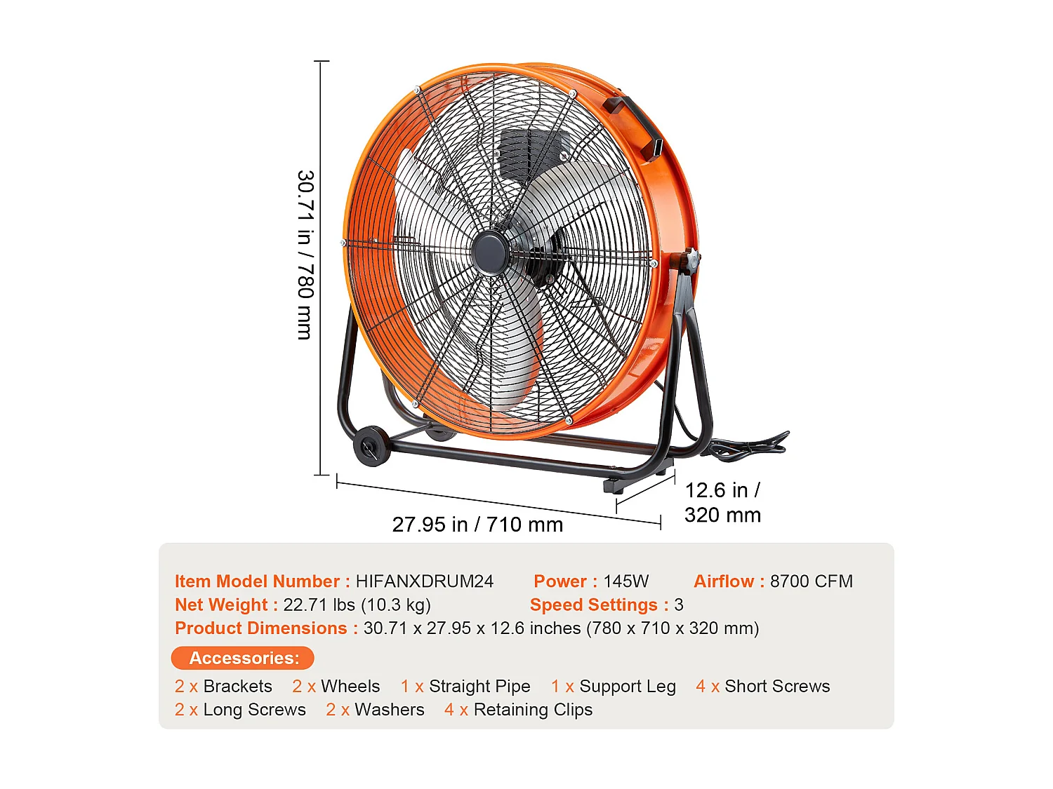 Ventilator SucceBuy Industrieel Trommel 61 cm met Handige Timer en 3 Instelbare Snelheden - Perfect voor Grote Ruimtes zoals Magazijnen en Garages
