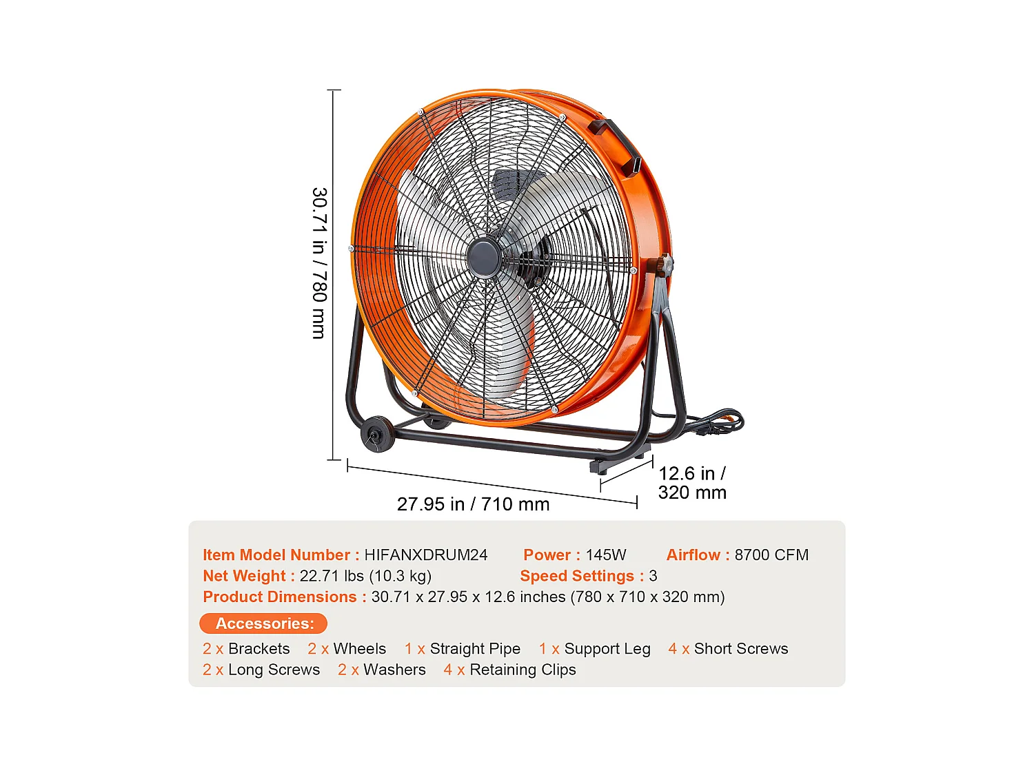 Ventilateur SucceBuy à Tambour, 61 cm Haute Vitesse, 3 Vitesses 8600CFM, Parfait pour une Utilisation Industrielle en Entrepôt