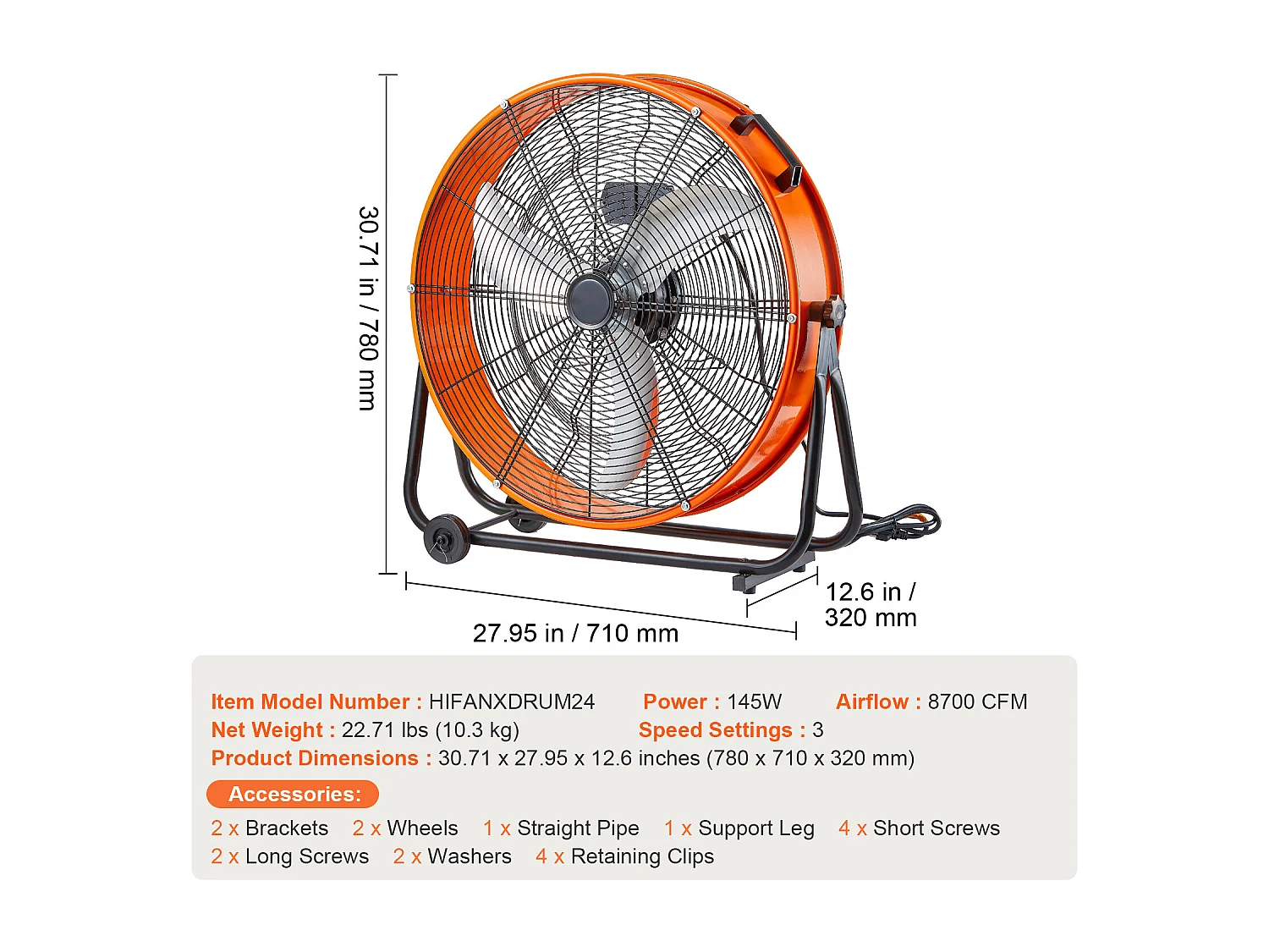 Ventilateur SucceBuy à Tambour, 61 cm Haute Vitesse, 3 Vitesses 8600CFM, Parfait pour une Utilisation Industrielle en Entrepôt