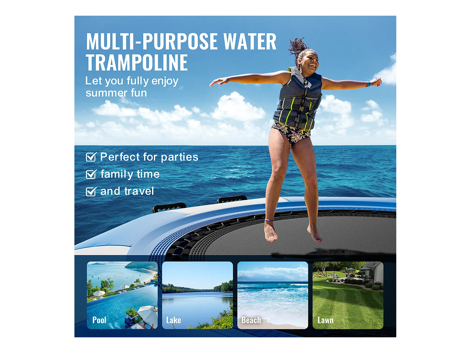Trampoline Aquatique Gonflable, SucceBuy Trampoline Aquatique Gonflable 2 m, Plate-Forme de Natation pour Piscine et Lac