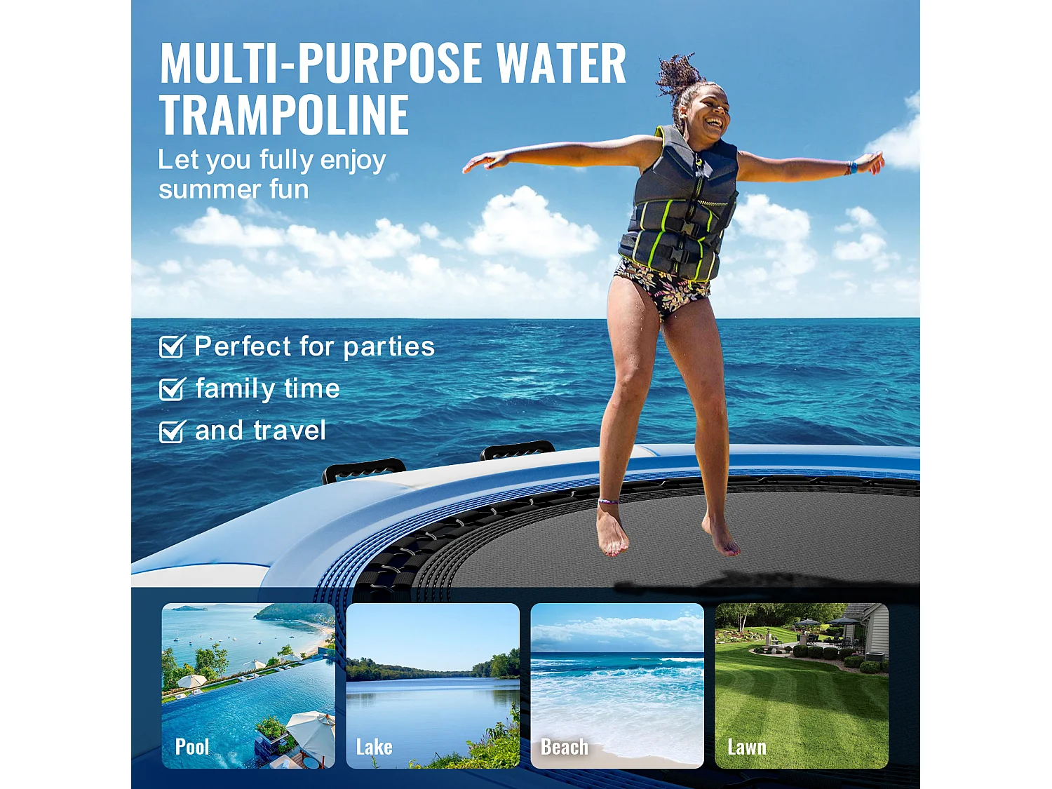 Trampoline Aquatique Gonflable, SucceBuy Trampoline Aquatique Gonflable 2 m, Plate-Forme de Natation pour Piscine et Lac