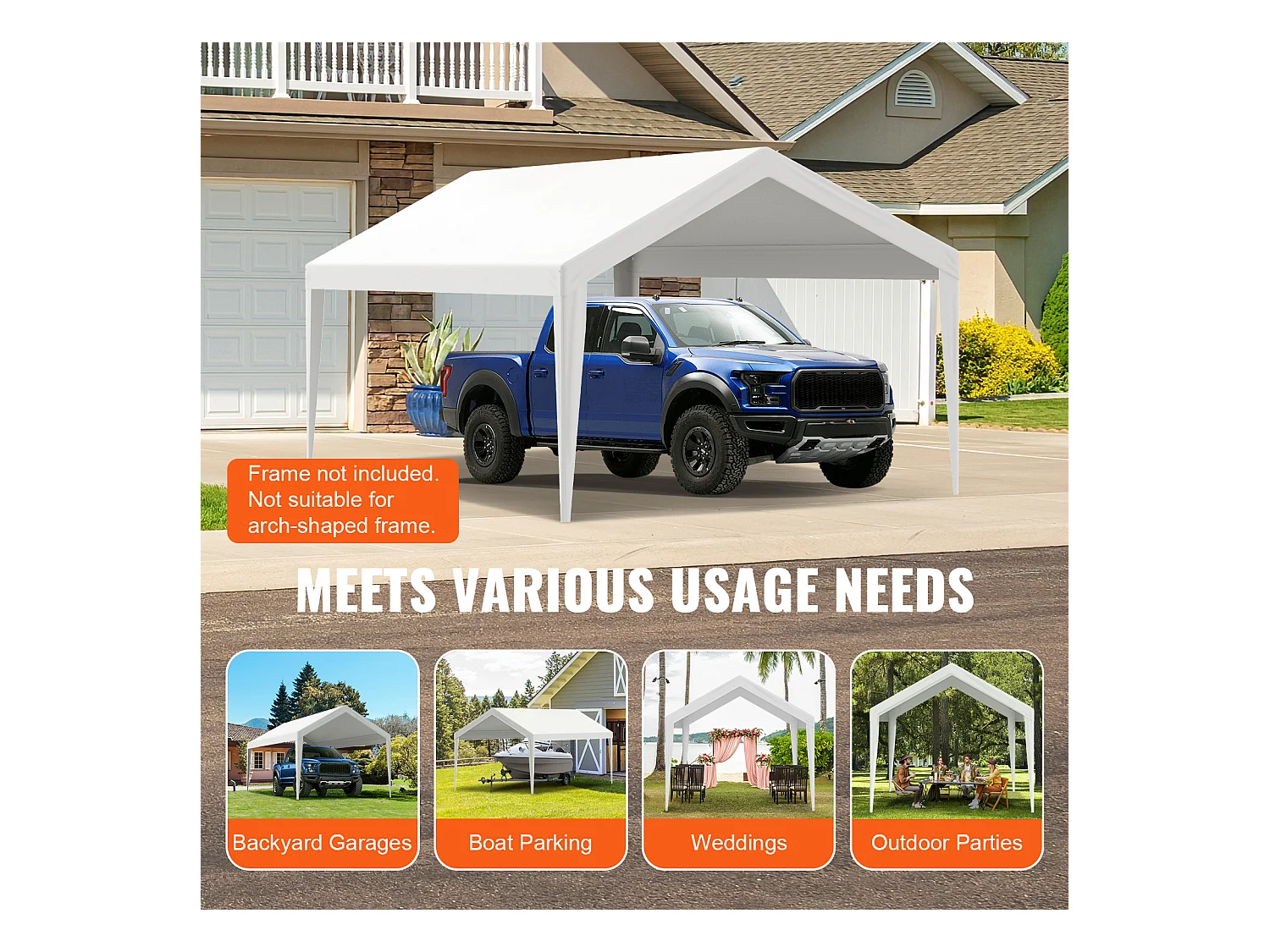 Toile D'Avent SucceBuy de Rechange pour Abri D'Auto, 305 x 610 cm, Blanc, Bâche Robuste pour Abri de Garage, Imperméable et Protégée Contre les UV