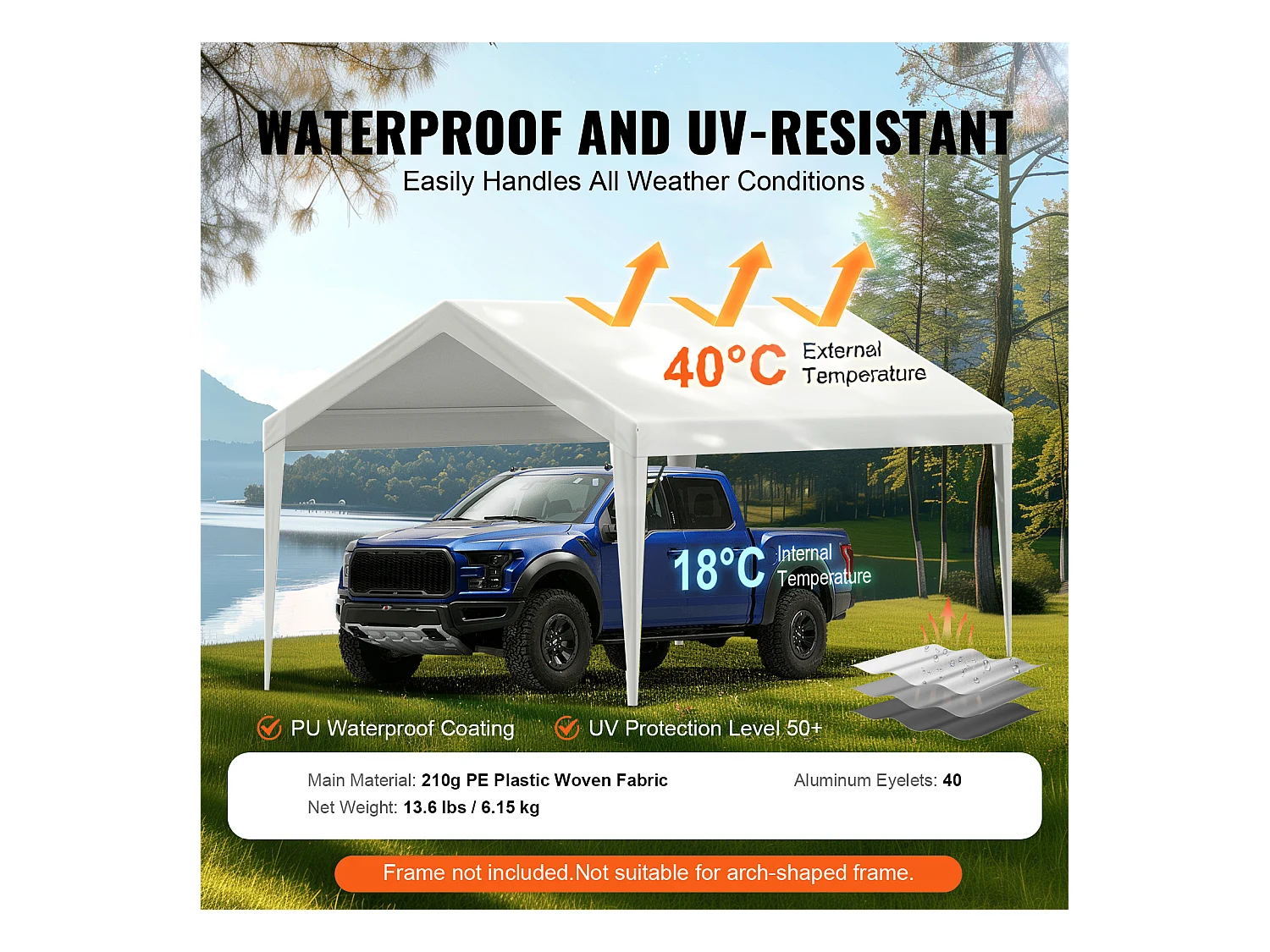 Toile D'Avent SucceBuy de Rechange pour Abri D'Auto, 305 x 610 cm, Blanc, Bâche Robuste pour Abri de Garage, Imperméable et Protégée Contre les UV