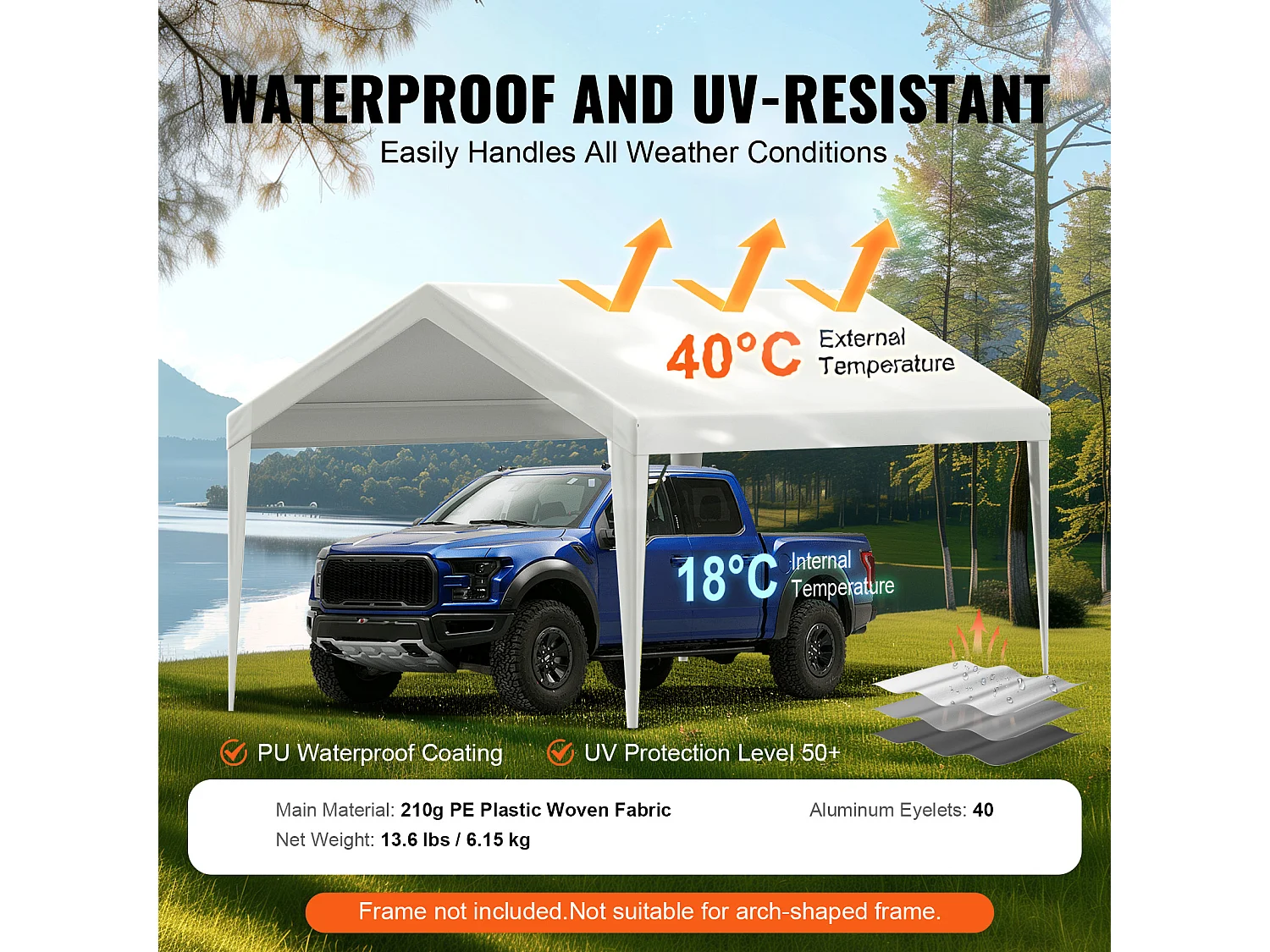 Toile D'Avent SucceBuy de Rechange pour Abri D'Auto, 305 x 610 cm, Blanc, Bâche Robuste pour Abri de Garage, Imperméable et Protégée Contre les UV