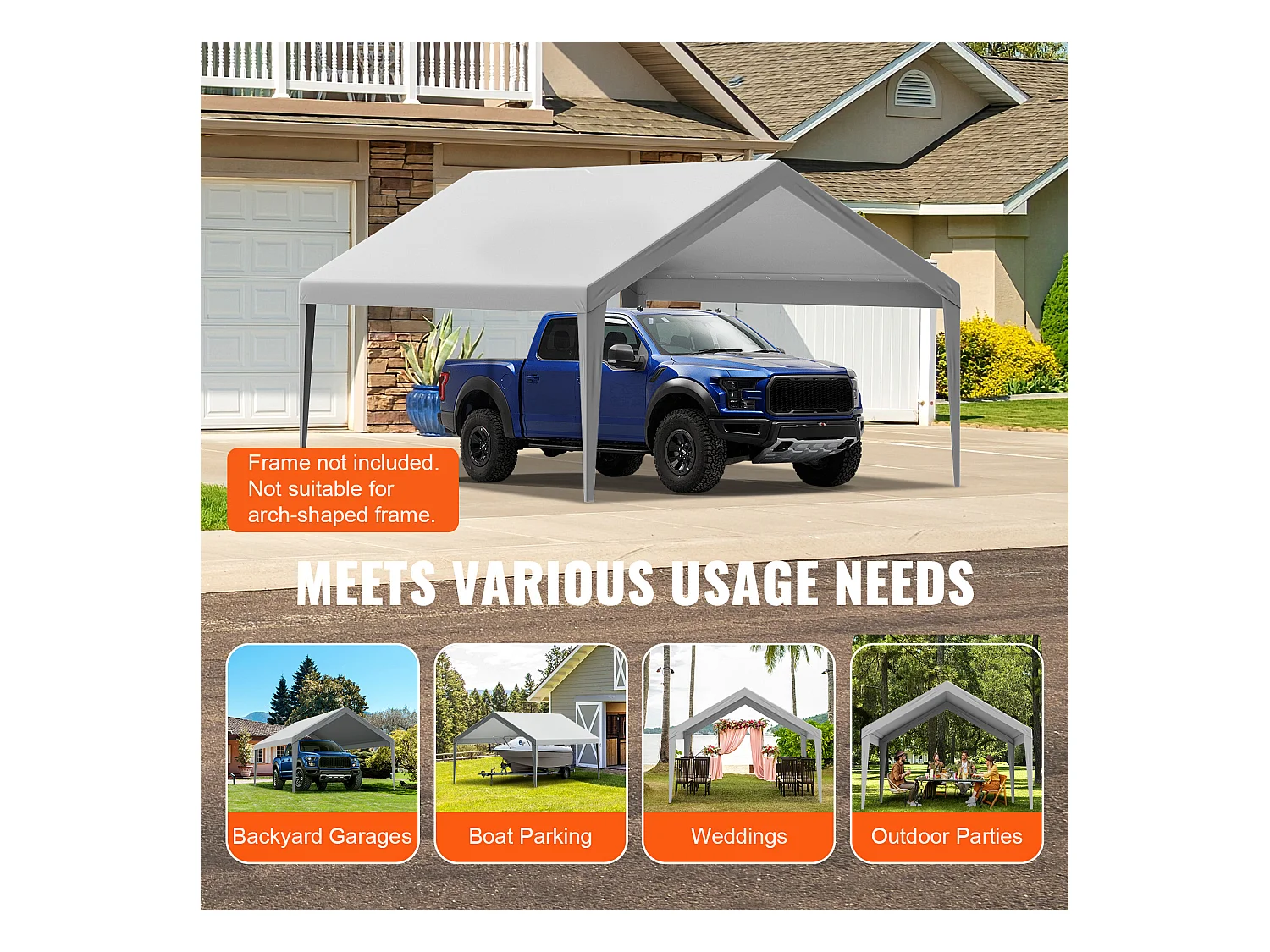 Toile D'Avent SucceBuy de Rechange pour Abri D'Auto, 396 x 610 cm, Gris, Bâche Robuste pour Abri de Garage, Imperméable et Protégée Contre les UV