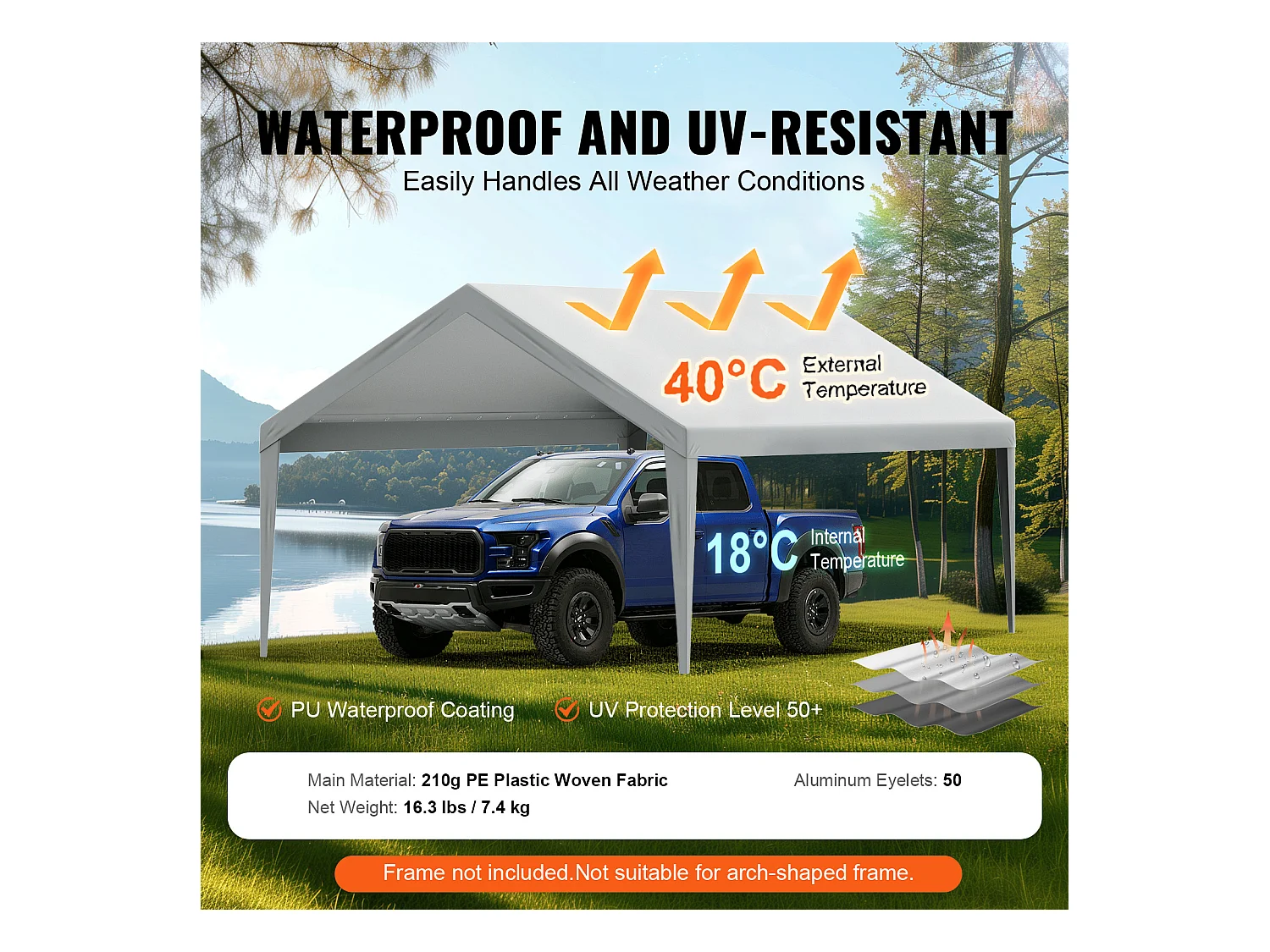 Toile D'Avent SucceBuy de Rechange pour Abri D'Auto, 396 x 610 cm, Gris, Bâche Robuste pour Abri de Garage, Imperméable et Protégée Contre les UV