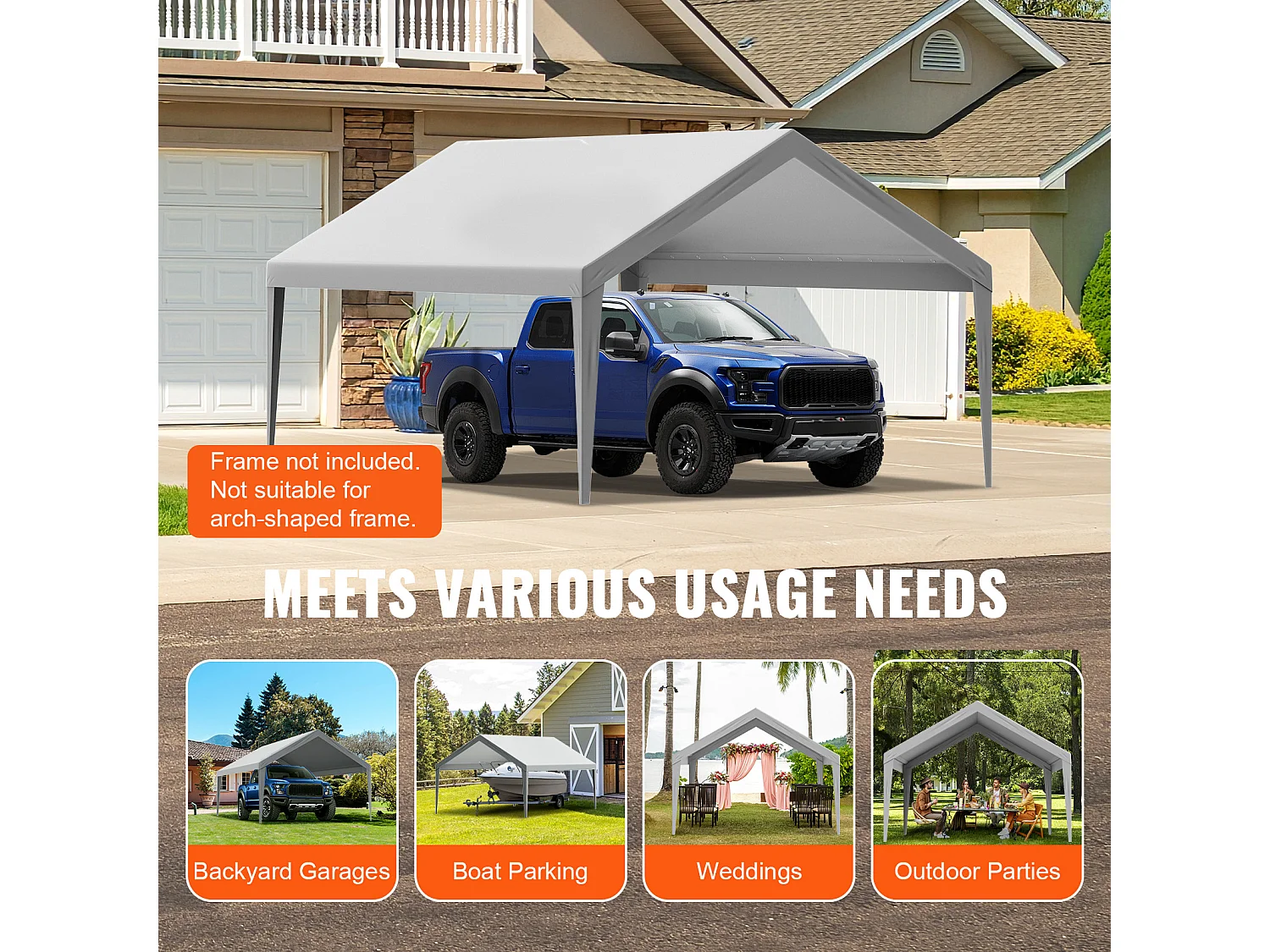 Toile D'Avent SucceBuy de Rechange pour Abri D'Auto, 396 x 610 cm, Gris, Bâche Robuste pour Abri de Garage, Imperméable et Protégée Contre les UV