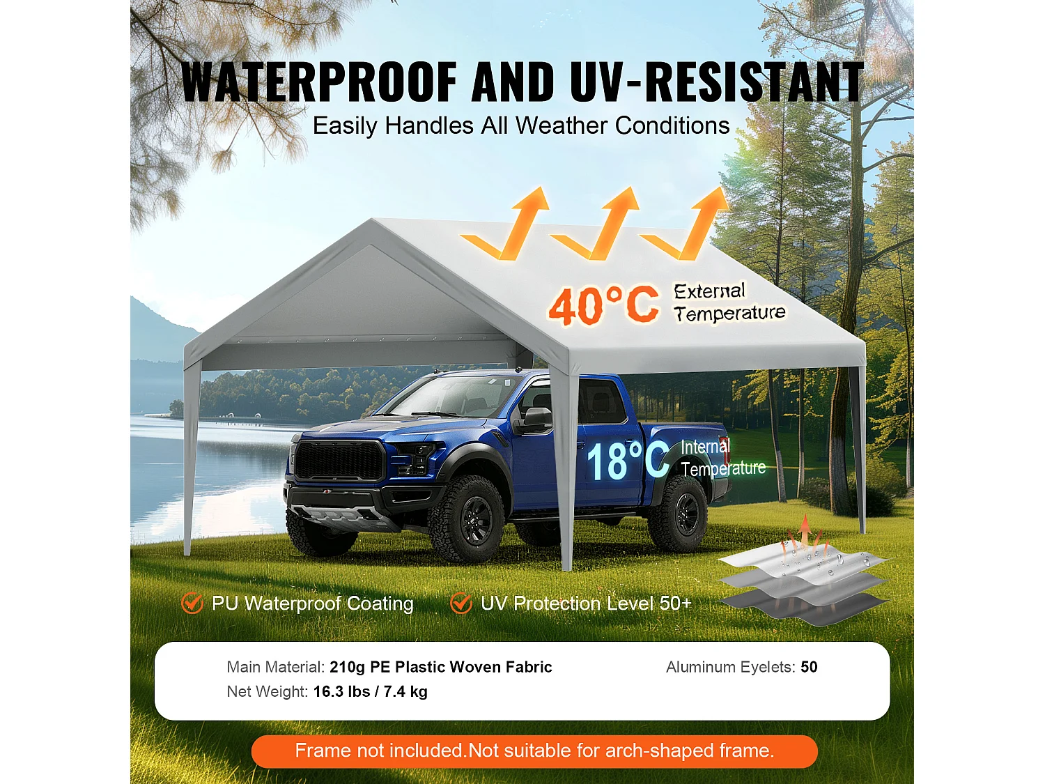 Toile D'Avent SucceBuy de Rechange pour Abri D'Auto, 396 x 610 cm, Gris, Bâche Robuste pour Abri de Garage, Imperméable et Protégée Contre les UV