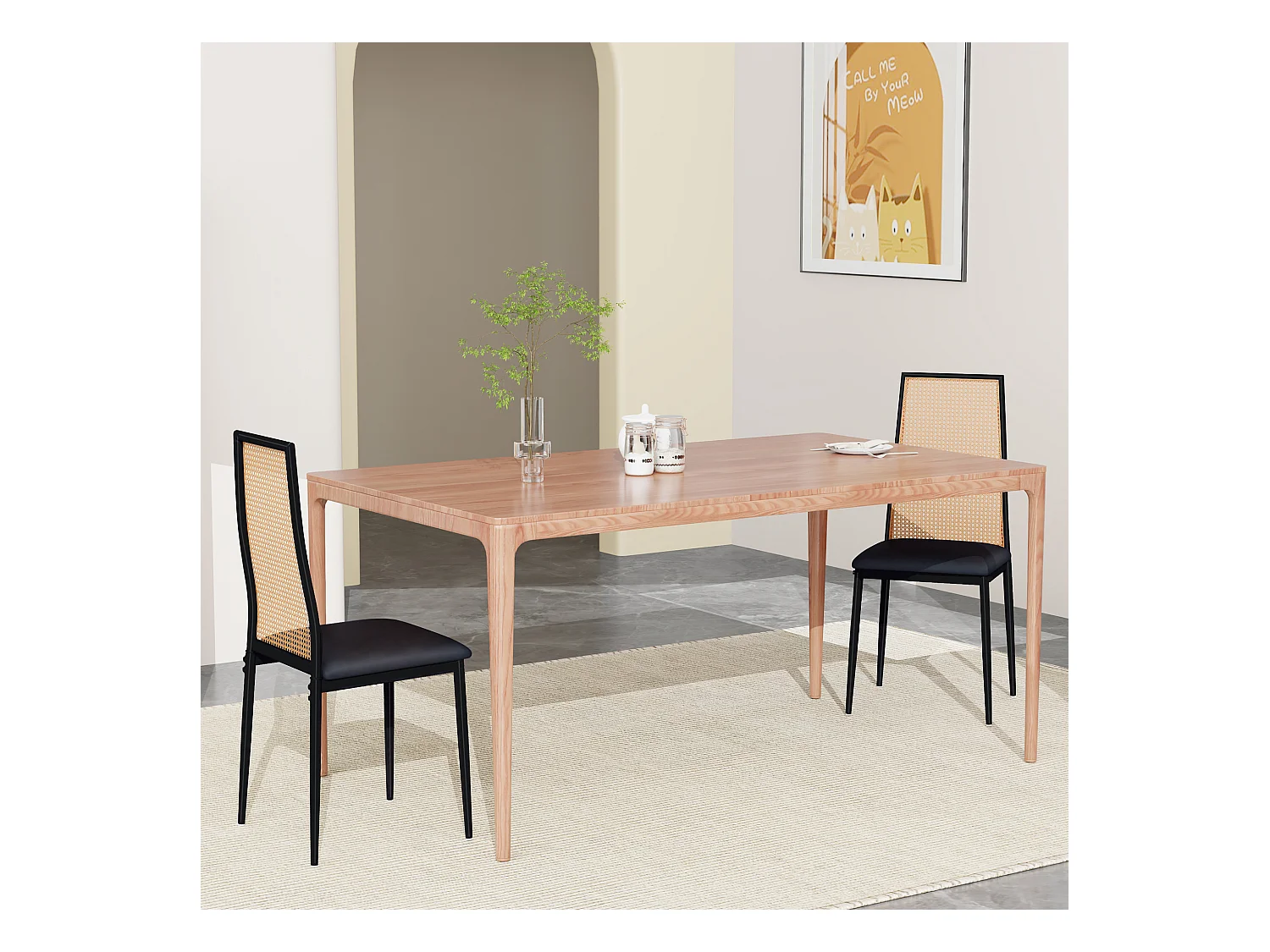 Juego de 2 sillas de comedor de ratán tapizadas sin brazos con patas de metal, color negro