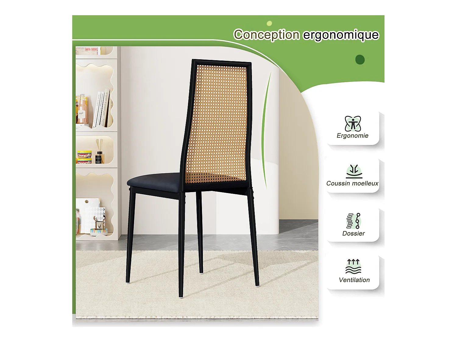 Juego de 2 sillas de comedor de ratán tapizadas sin brazos con patas de metal, color negro