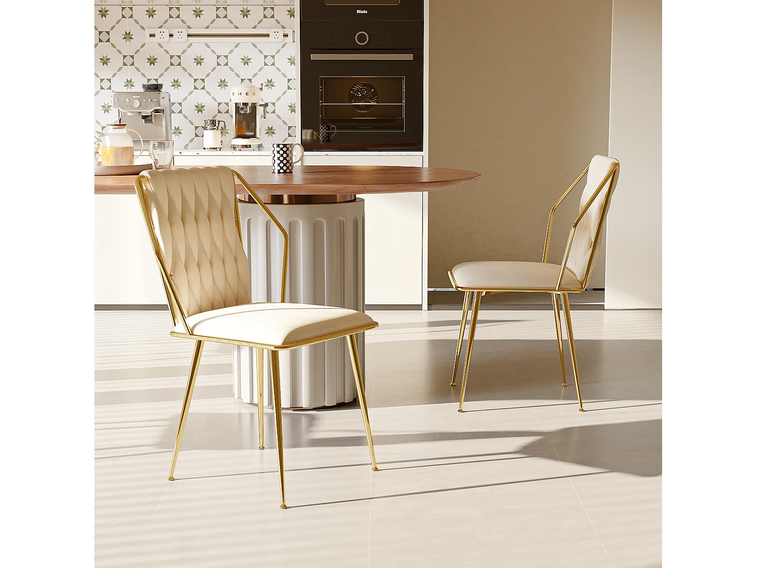 Lot de 2 chaises de salle à manger, fauteuils modernes en velours avec cadre en métal doré, beige