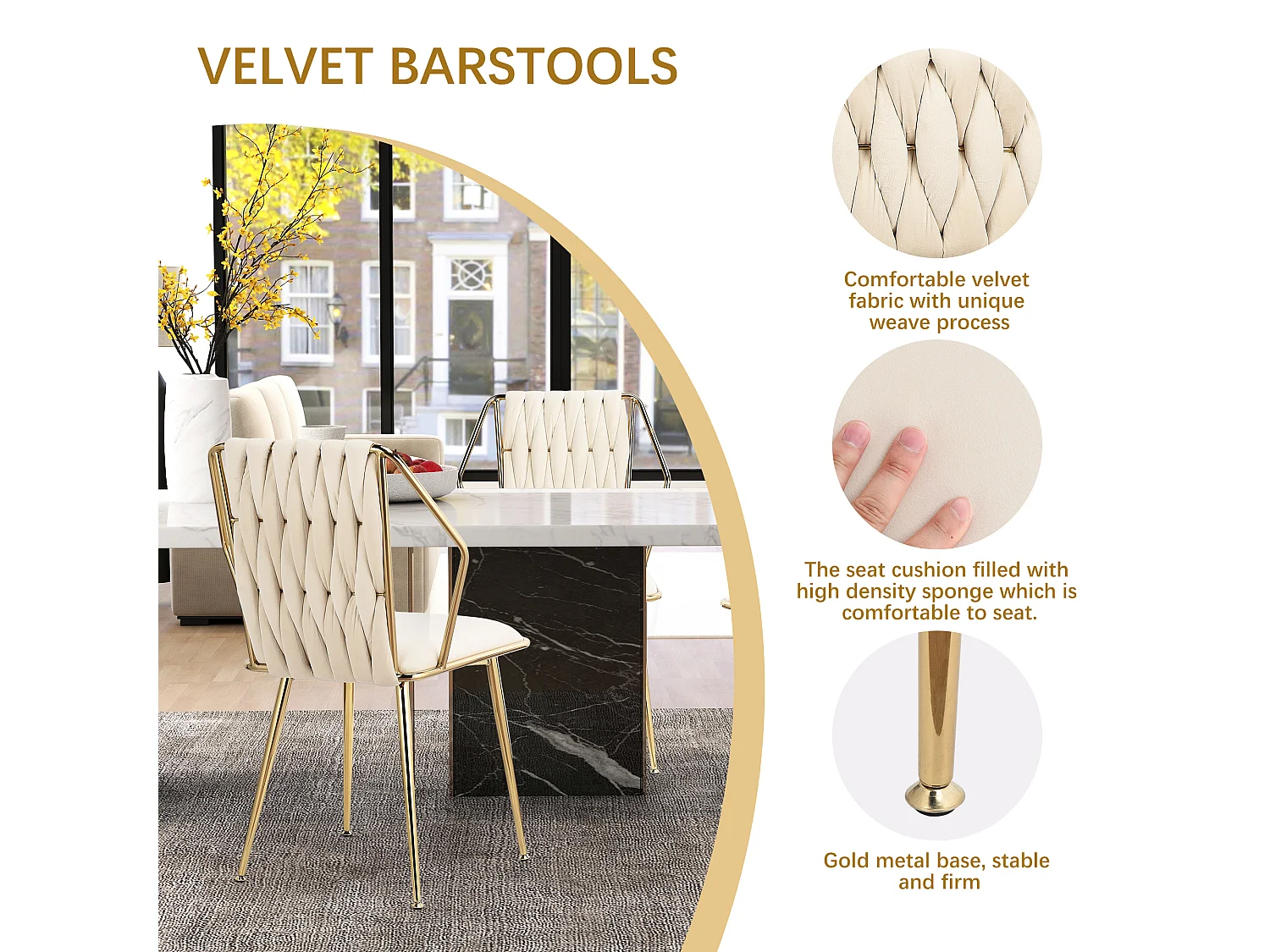 Lot de 2 chaises de salle à manger, fauteuils modernes en velours avec cadre en métal doré, beige