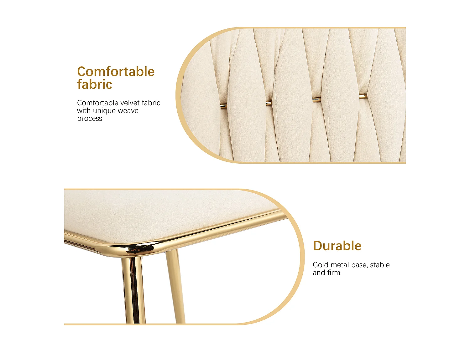 Lot de 2 chaises de salle à manger, fauteuils modernes en velours avec cadre en métal doré, beige