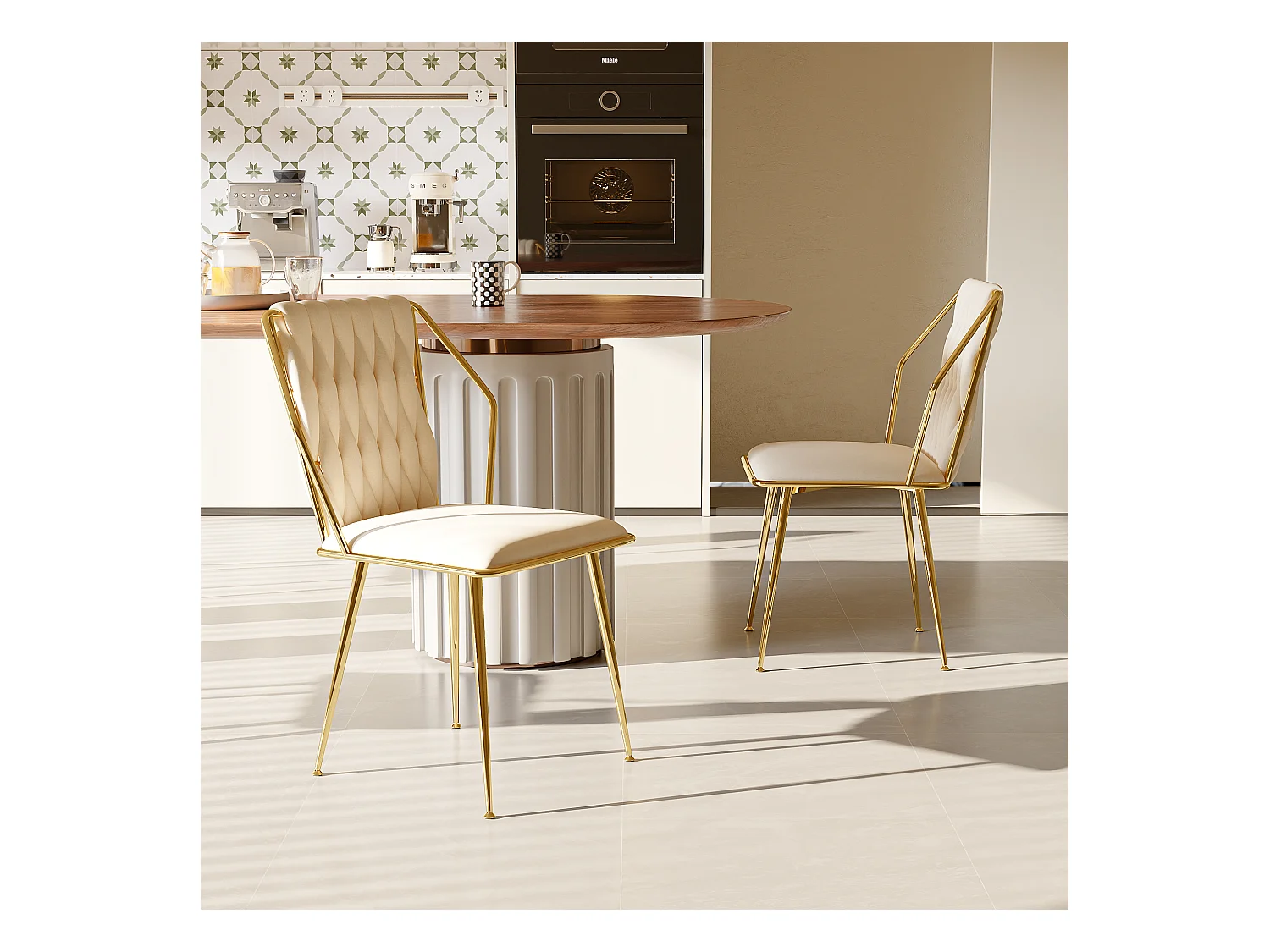 Conjunto de 2 cadeiras, cadeira de jantar de veludo, pernas de metal, cadeira ergonômica, design banhado a ouro, bege